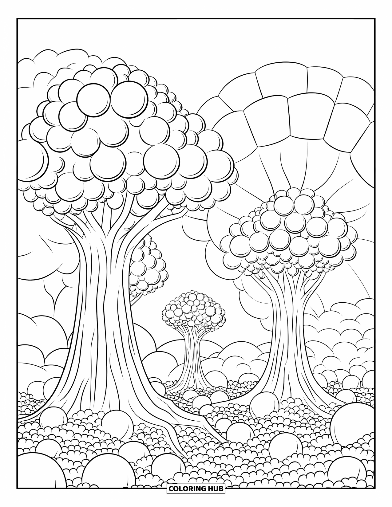 Bubble Coloring Page for Adults: Flower with bubble-like petals grows on rocky ground near trees and sky