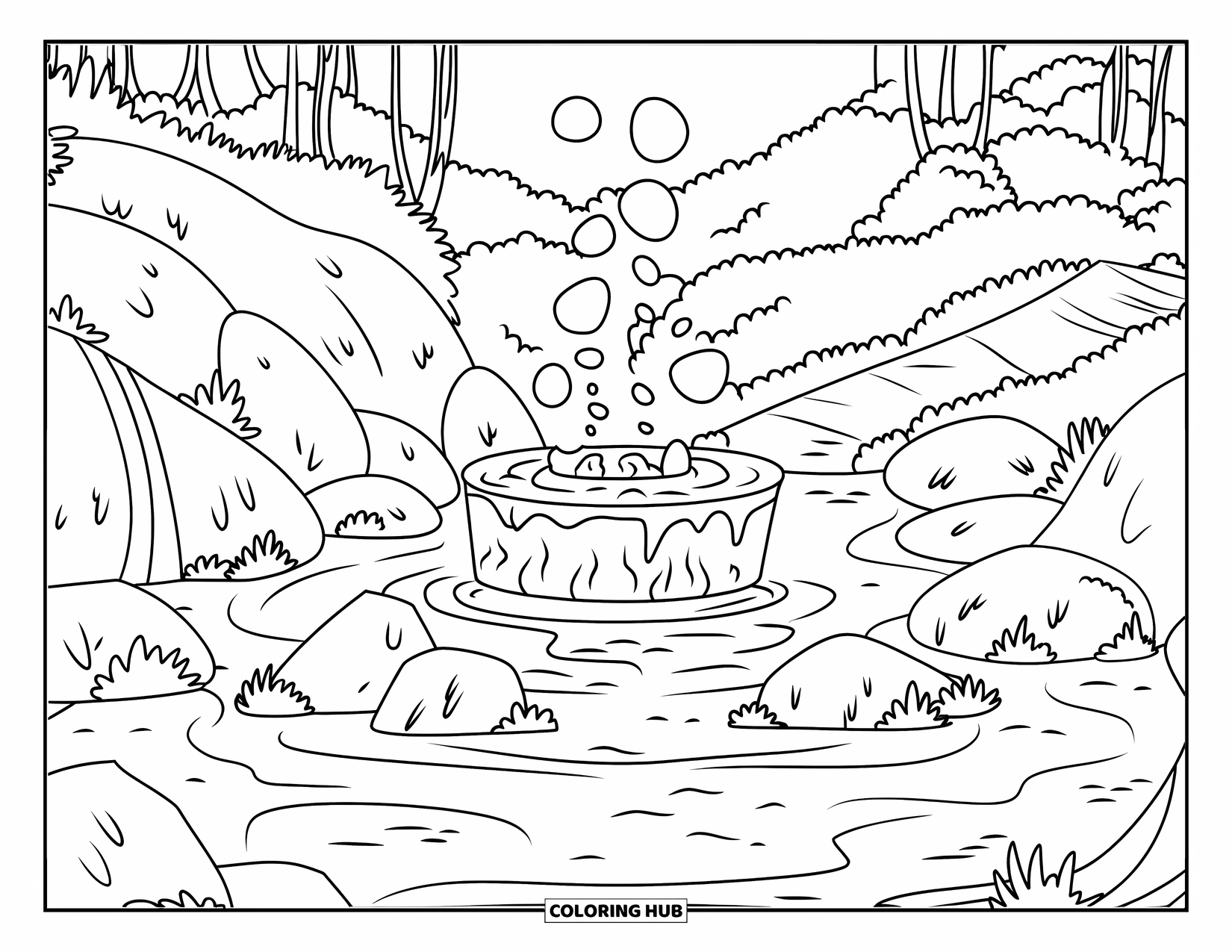 Bubble Coloring Page for Adults: Hot spring bubbles rise into the air among forest trees and mountain scenery
