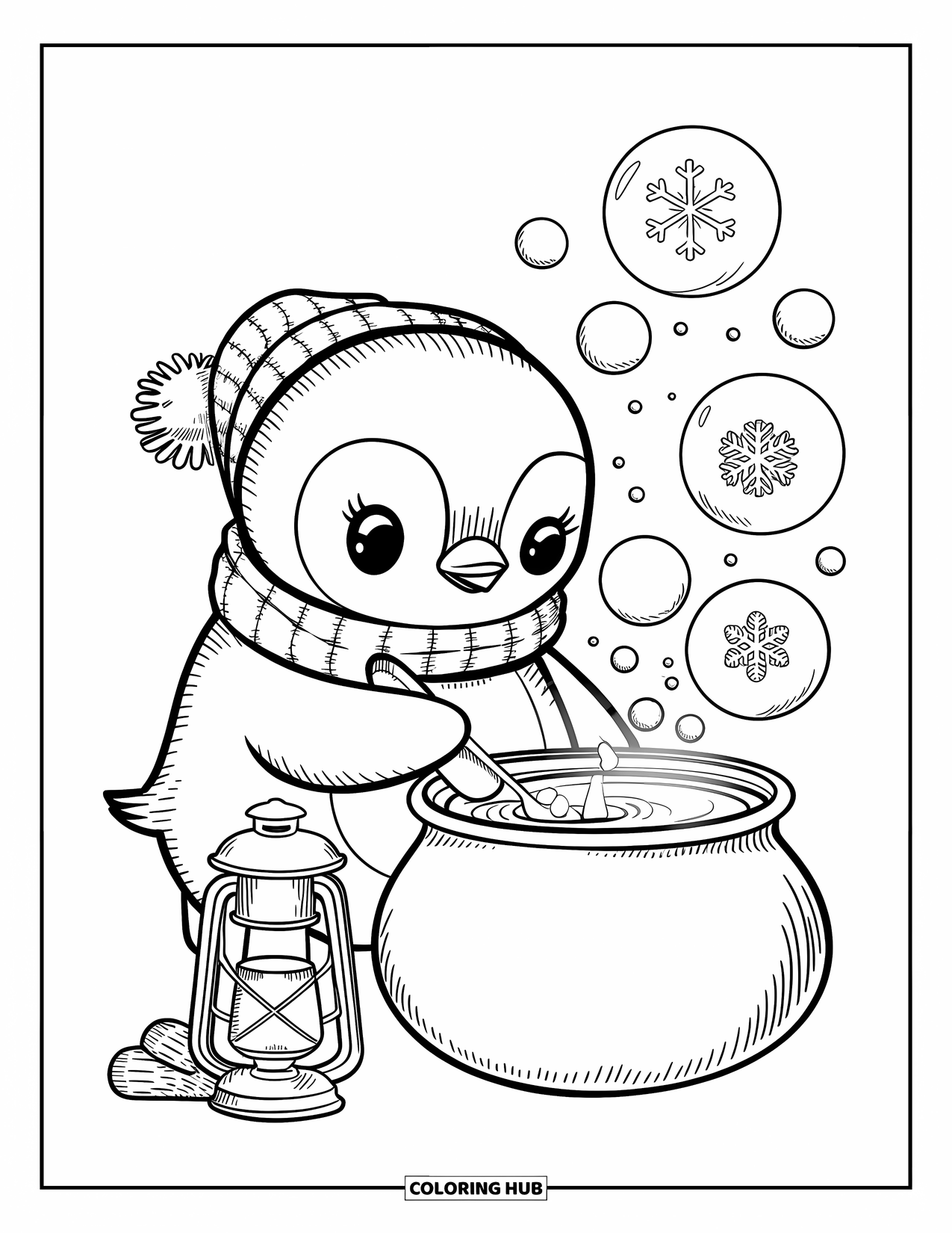 Bubble Coloring Page for Adults: Kawaii penguin stirs a warm drink as bubbles float up with snowflakes inside