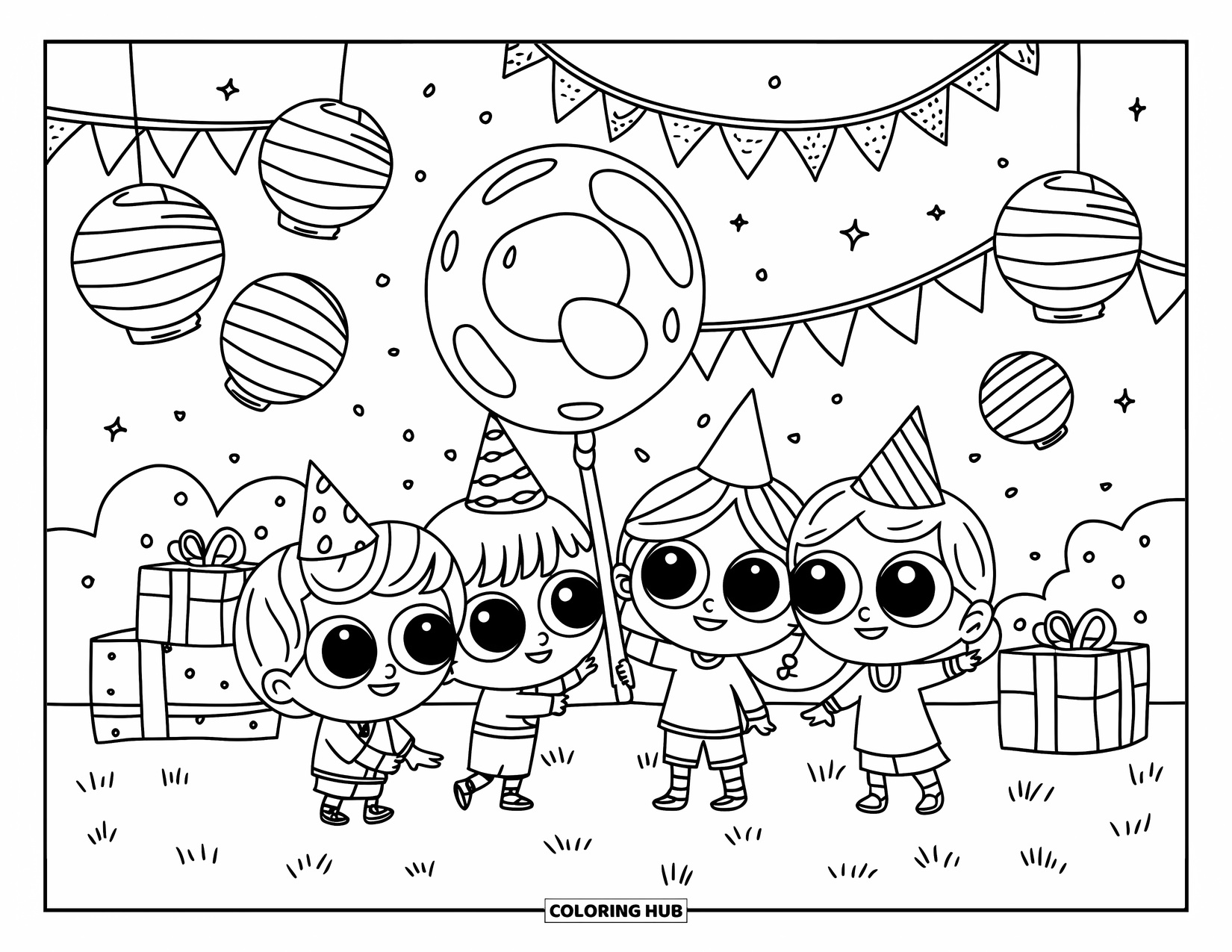 Bubble Coloring Page for Adults: Kids with big eyes play with bubbles near presents and paper lanterns