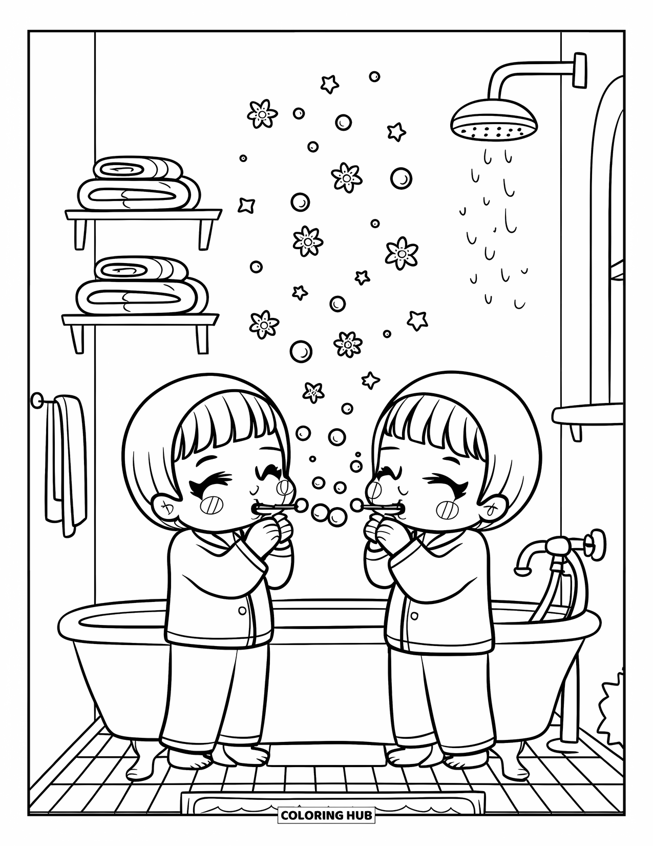 Bubble Coloring Page for Adults: Matching twins giggle during a bubble contest surrounded by stars and soft towels