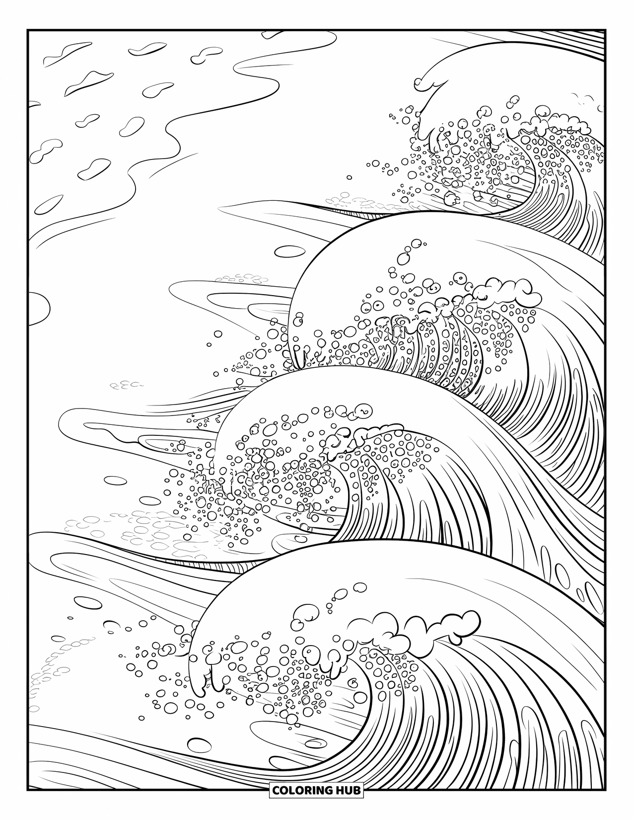 Bubble Coloring Page for Adults: Ocean waves release bubbly clusters onto sandy shores with footprints