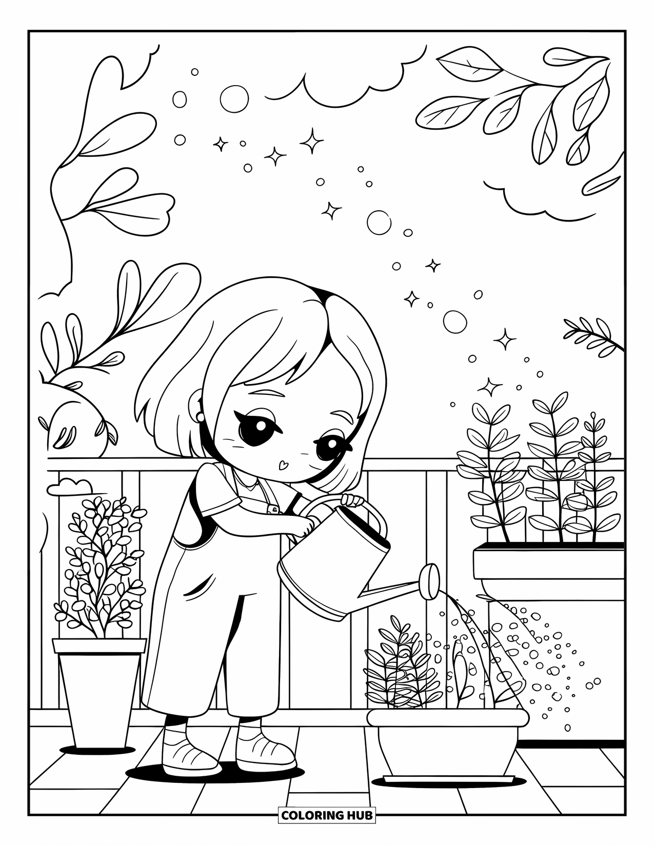 Bubble Coloring Page for Adults: Sparkly bubbles float past as chibi girl waters balcony plants in the breeze