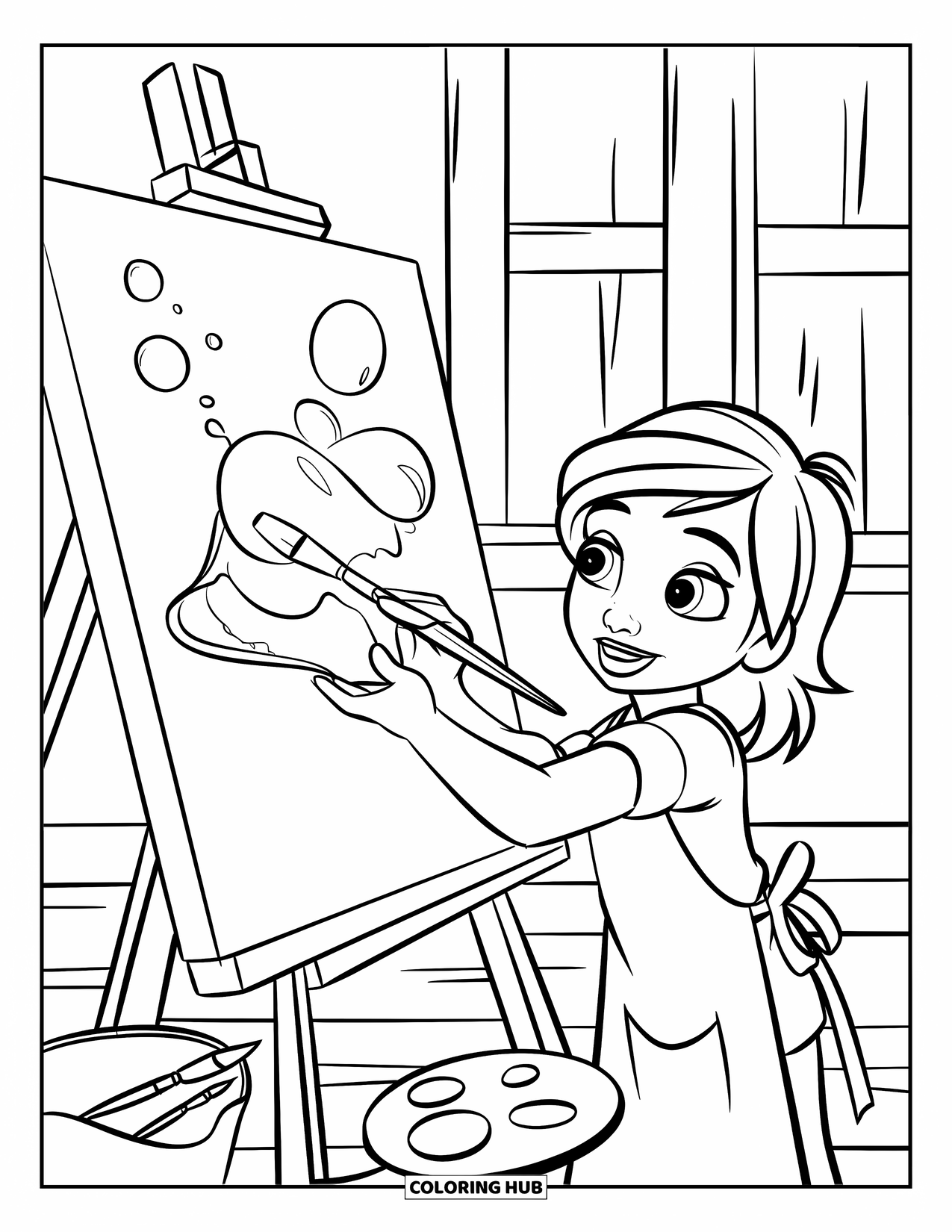Bubble Coloring Page for Kids: Artist paints beside a window as bubbles rise above a nearby canvas and palette
