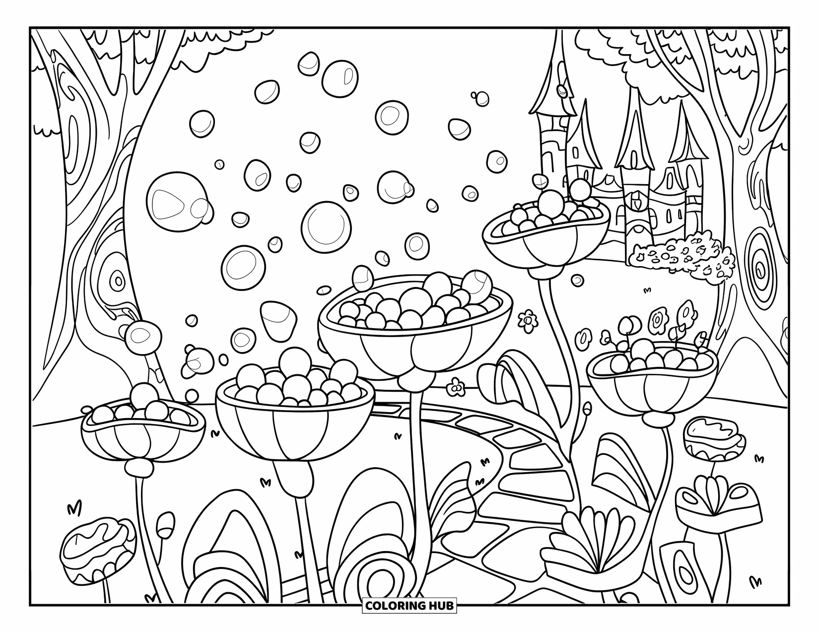 Bubble Coloring Page for Kids: Bubble flowers of all shapes bloom as bubbles drift past trees, flowers, and castle towers