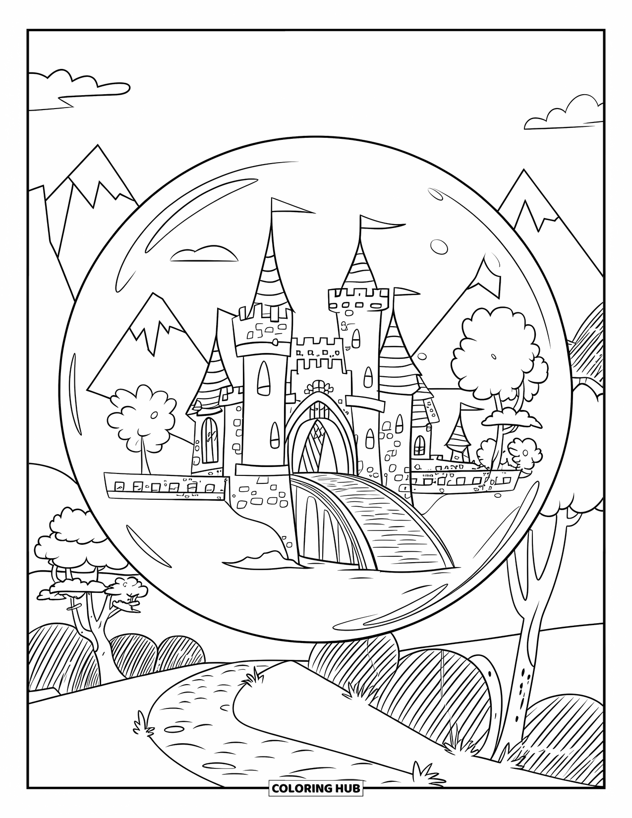 Bubble Coloring Page for Kids: Bubble shows a dreamy castle with arches, a path, and mountain views