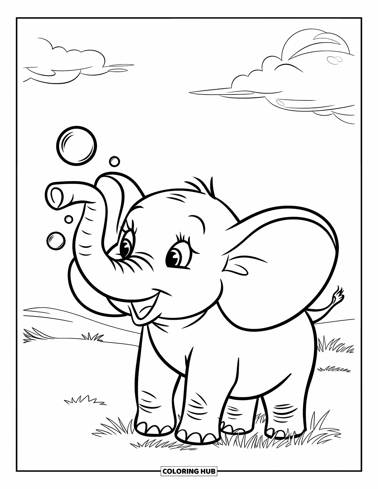 Bubble Coloring Page for Kids: Bubbles float from an elephant's trunk in a bright field with clouds above
