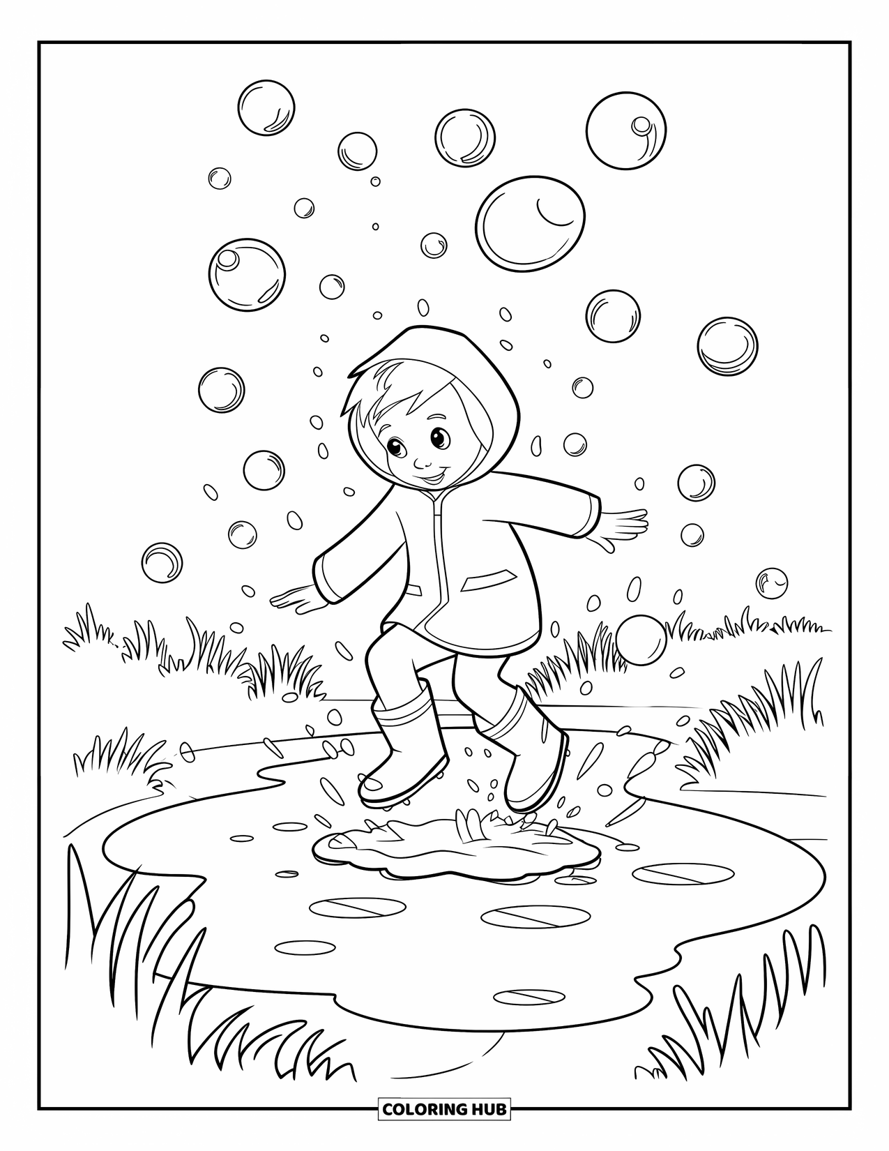 Bubble Coloring Page for Kids: Bubbly puddle splash as child jumps in with boots