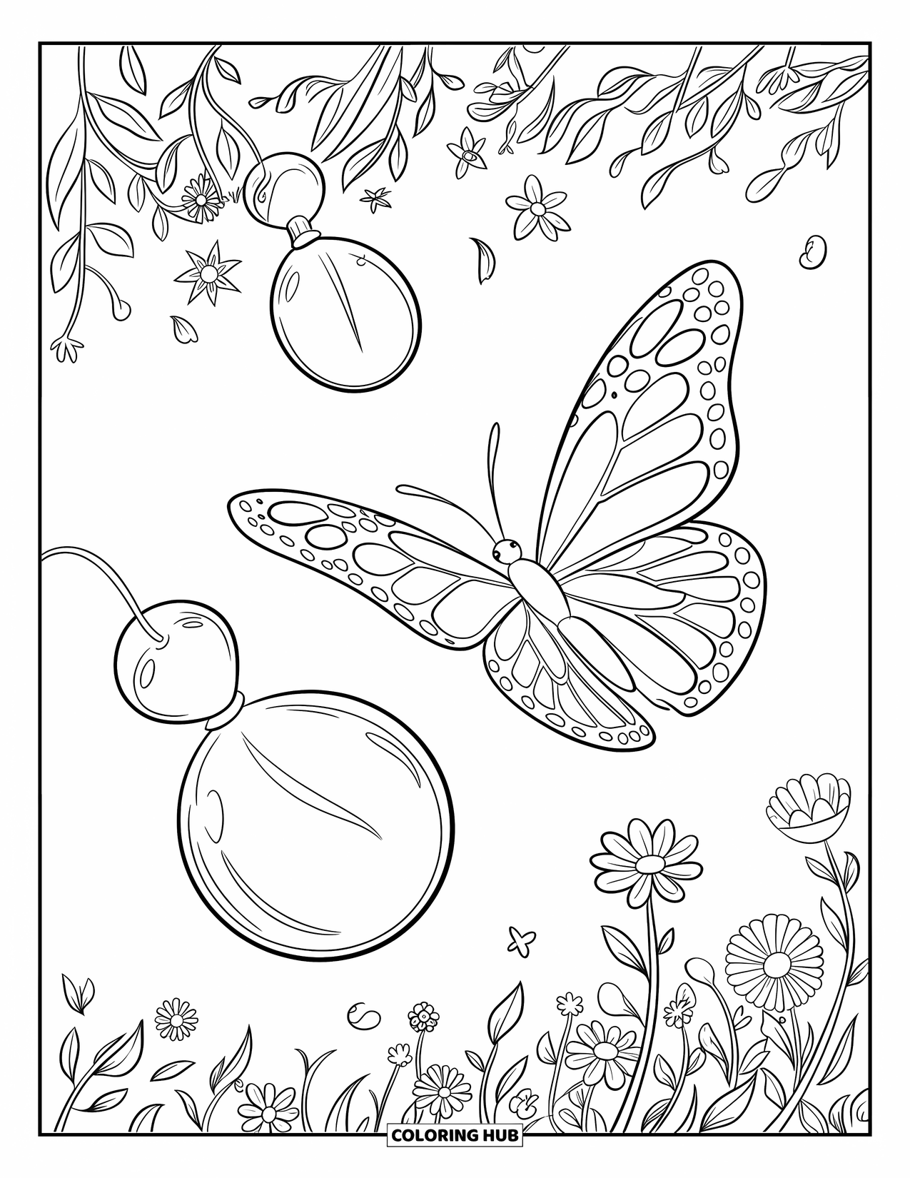 Bubble Coloring Page for Kids: Butterfly with spotted wings flies near bubbles above a meadow of wildflowers
