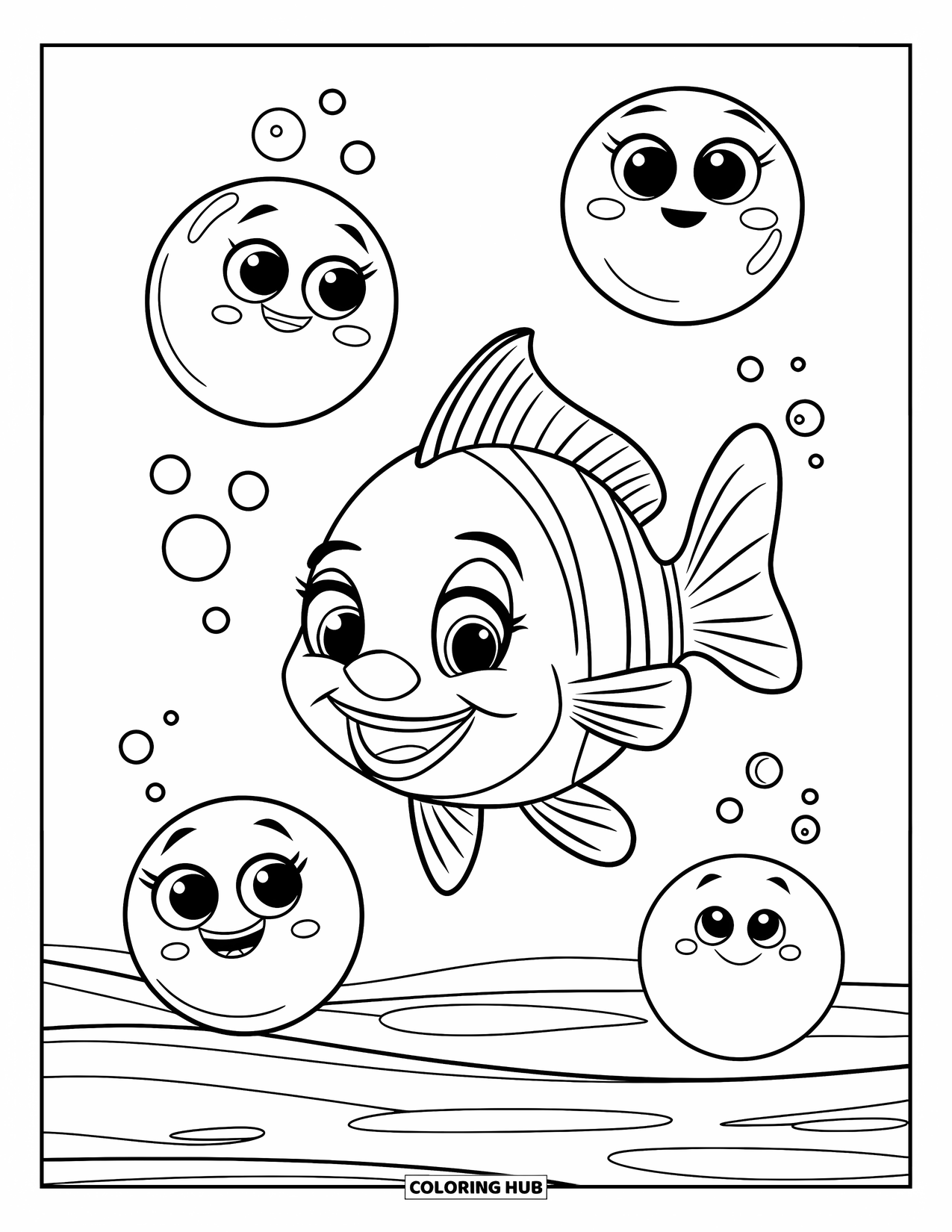 Bubble Coloring Page for Kids: Cheerful fish and smiling bubbles drift together in a peaceful ocean scene