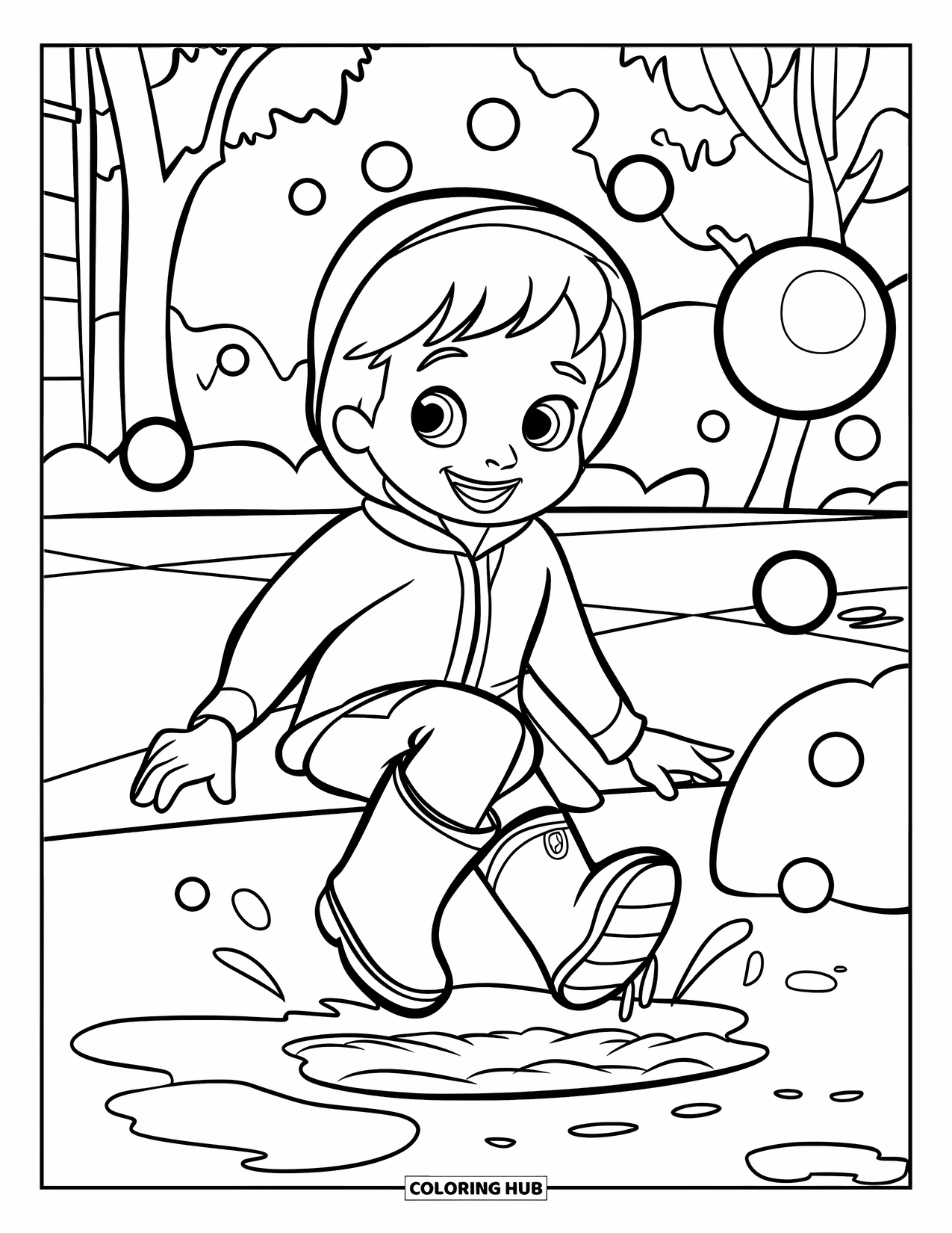 Bubble Coloring Page for Kids: Child in boots jumps through a puddle with bubbles above