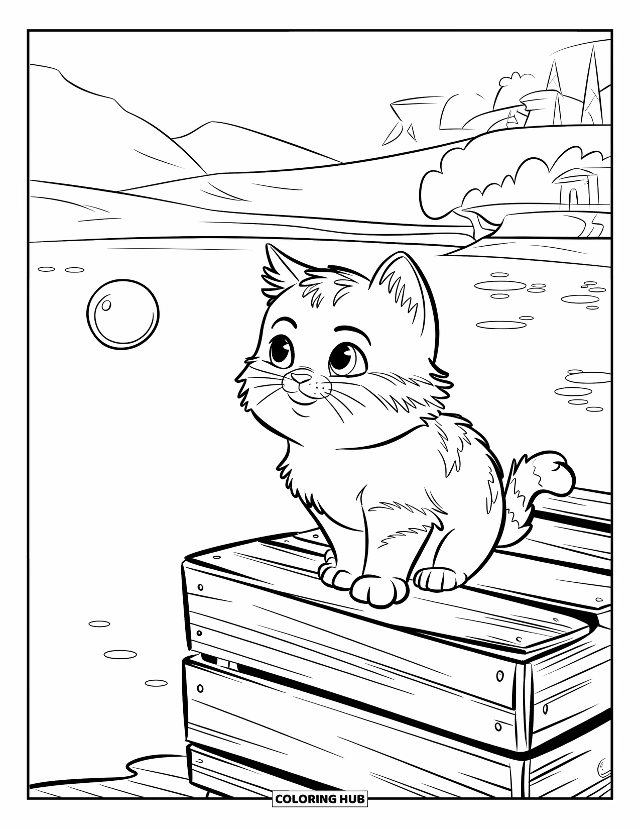 Bubble Coloring Page for Kids: Chubby kitten on a crate watches a bubble float near mountains and trees
