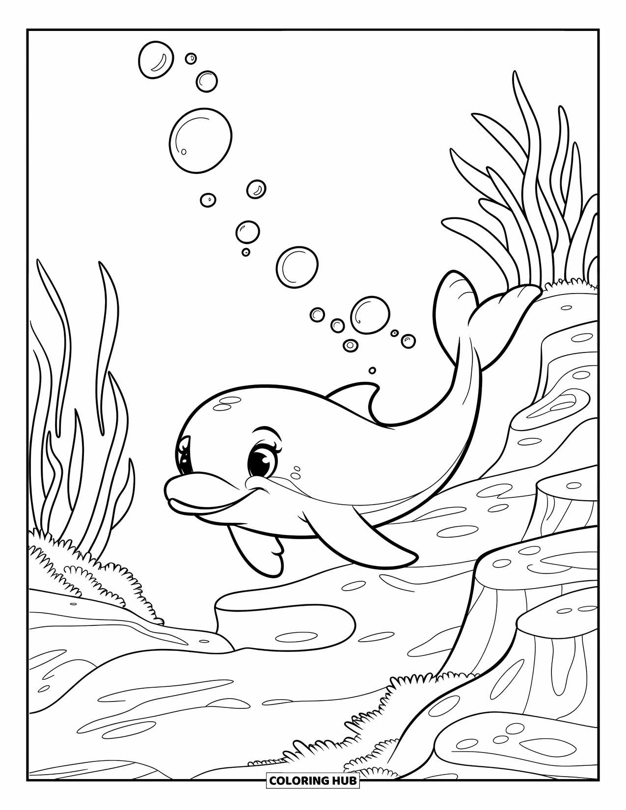 Bubble Coloring Page for Kids: Dolphin swims through bubbles in a calm ocean with rocks and plants
