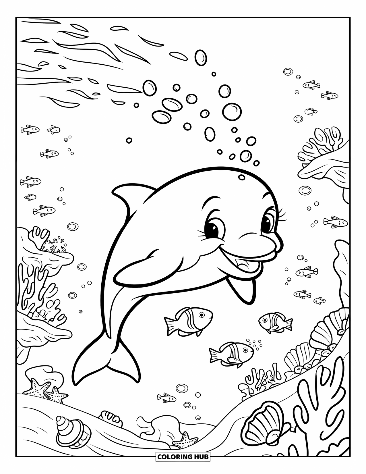 Bubble Coloring Page for Kids: Dolphin with a big smile swims through bubbles near reefs and sea life