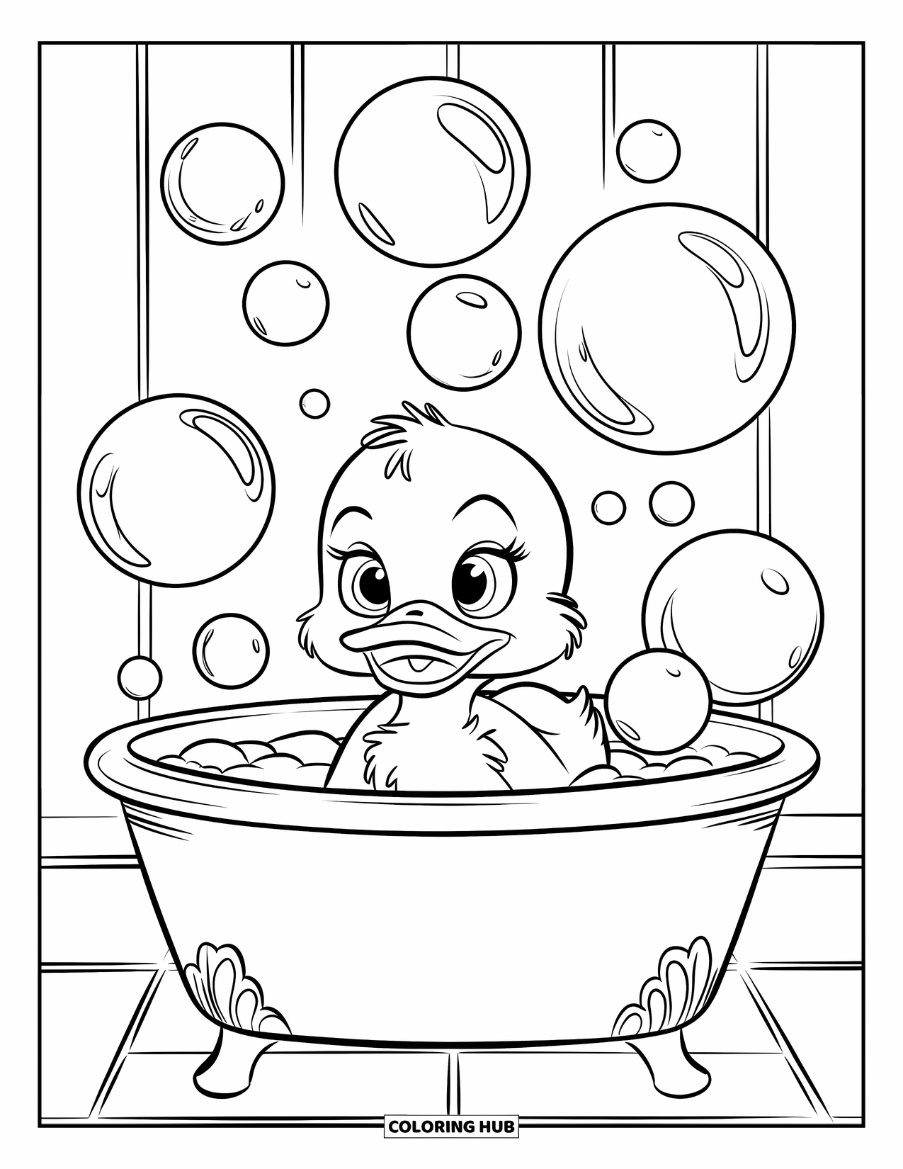 Bubble Coloring Page for Kids: Duckling plays in a bubbly tub with soap bubbles above its head