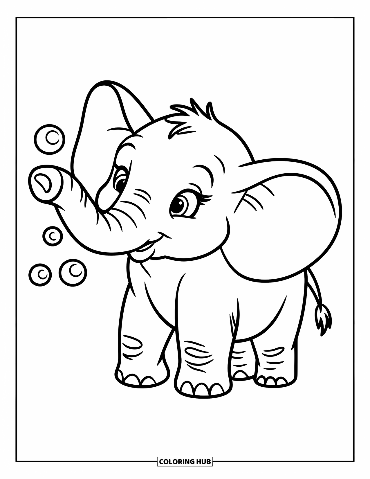 Bubble Coloring Page for Kids: Elephant blows bubbles in a simple scene with no other background details