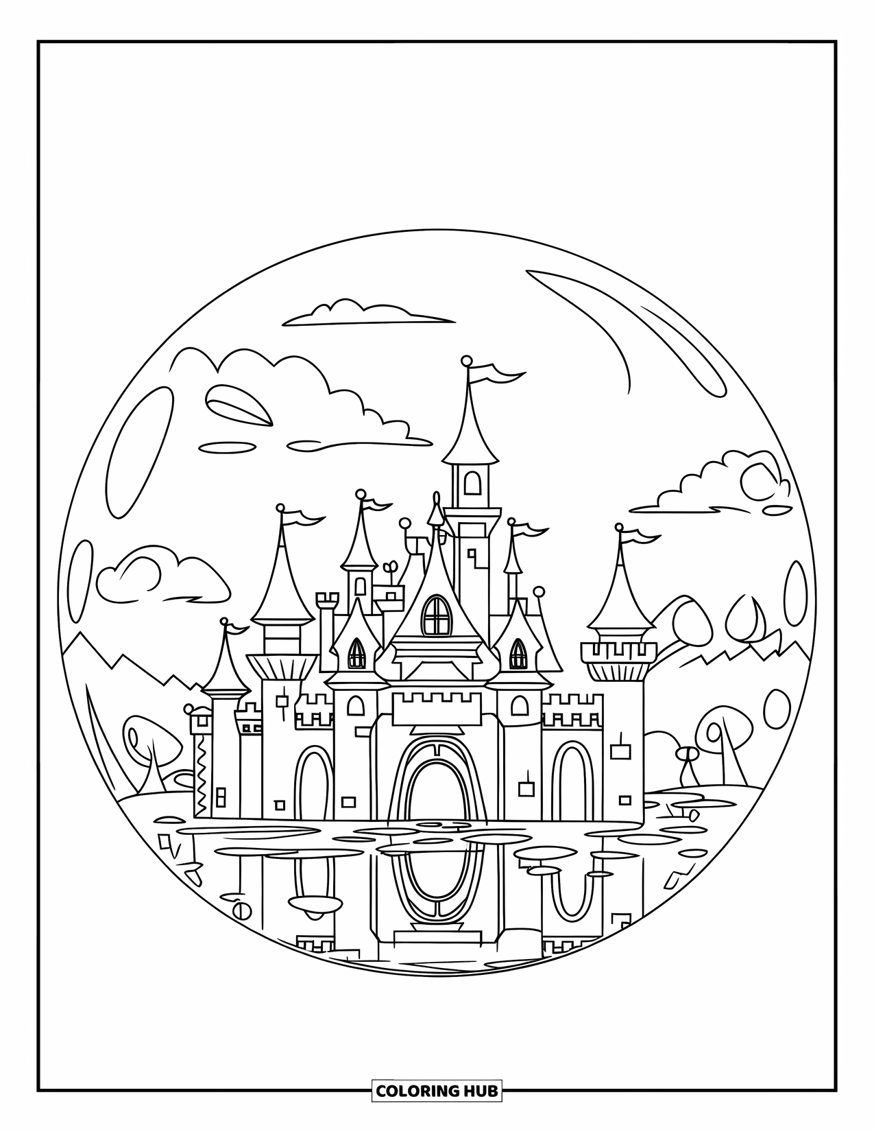 Bubble Coloring Page for Kids: Fantasy castle reflected in a giant bubble surrounded by trees and calm skies