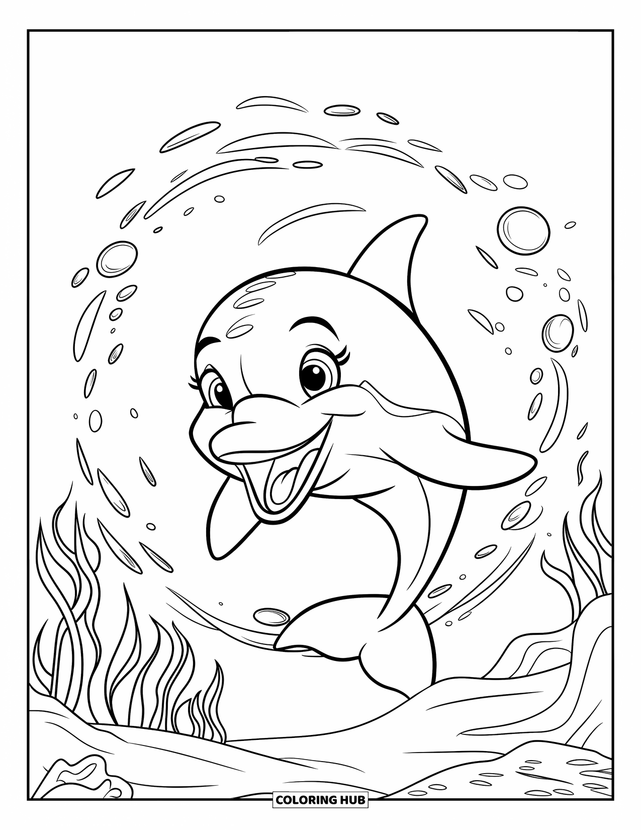 Bubble Coloring Page for Kids: Friendly dolphin swims through bubbles with seaweed and rocks around