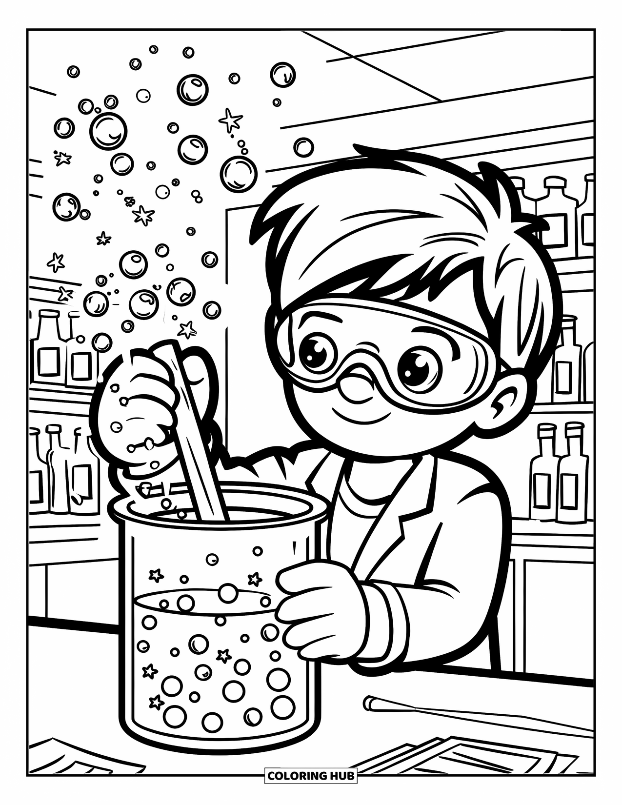 Bubble Coloring Page for Kids: Lab bubbles rise as a young scientist stirs a potion with curiosity