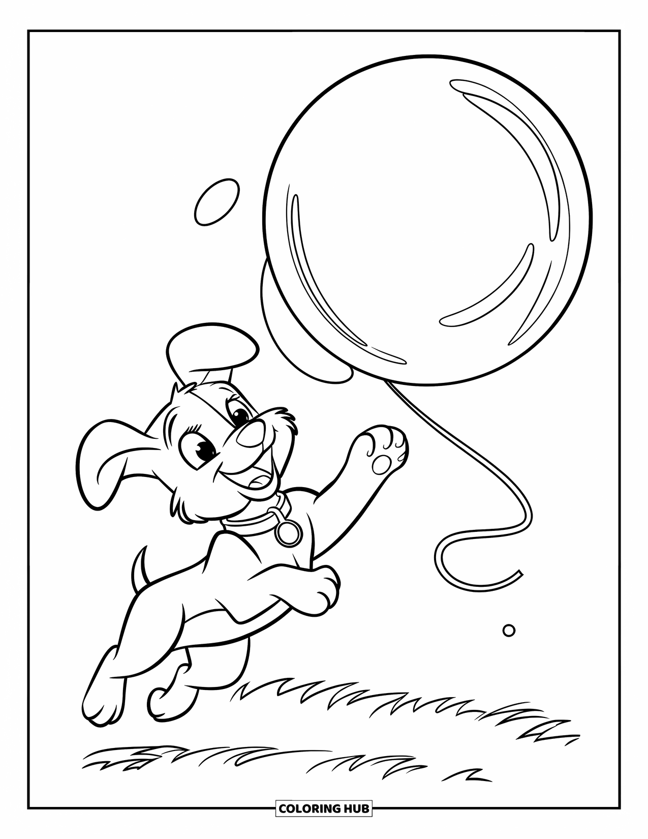 Bubble Coloring Page for Kids: Playful puppy jumps to catch a big bubble in a grassy field