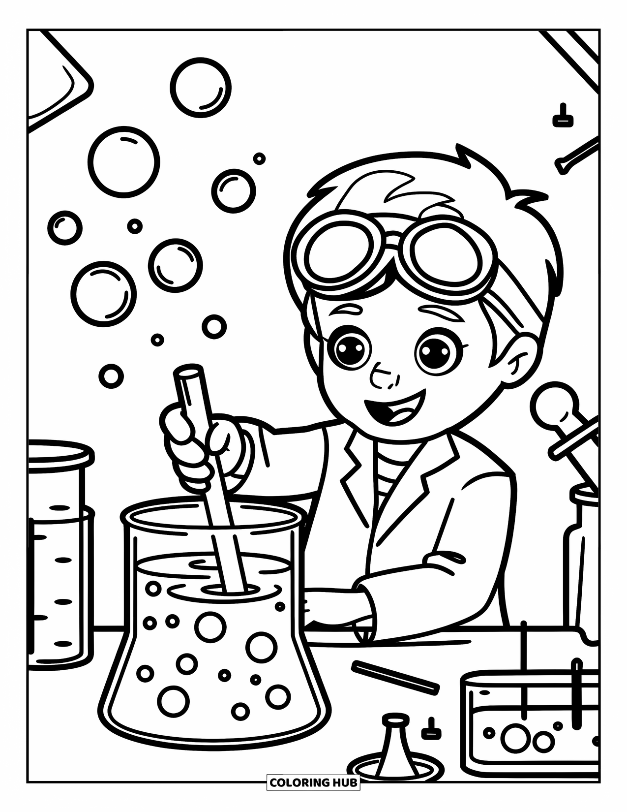 Bubble Coloring Page for Kids: Scientist mixes a bubbly potion surrounded by tools and floating bubbles