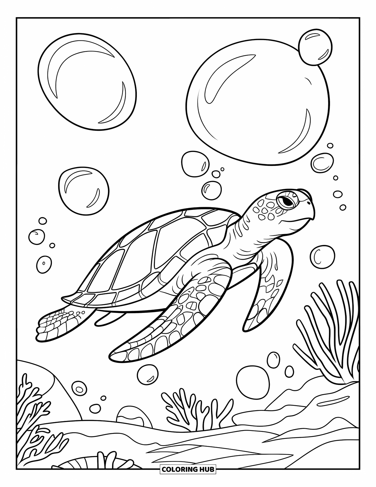 Bubble Coloring Page for Kids: Sea turtle glides through bubbles in a calm ocean