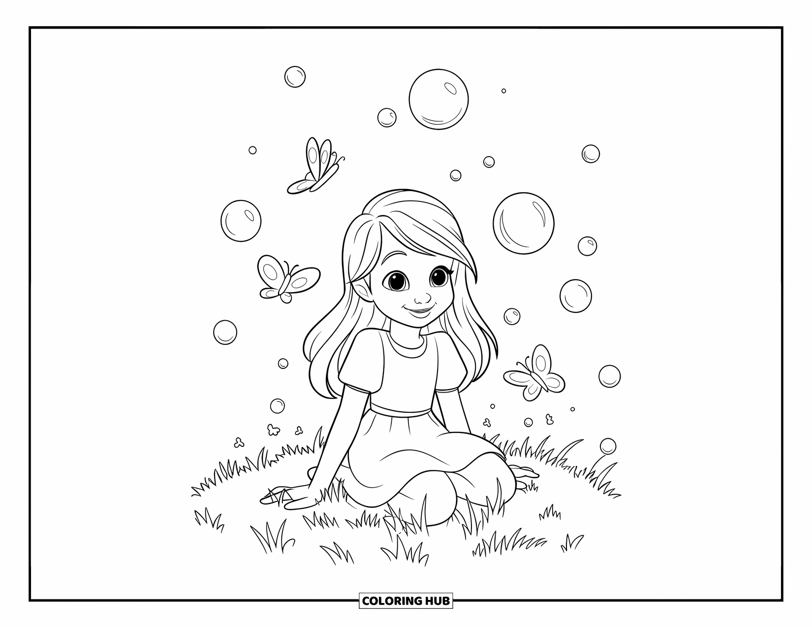 Bubble Coloring Page for Kids: Smiling girl rests in a green field surrounded by gentle bubbles and butterflies