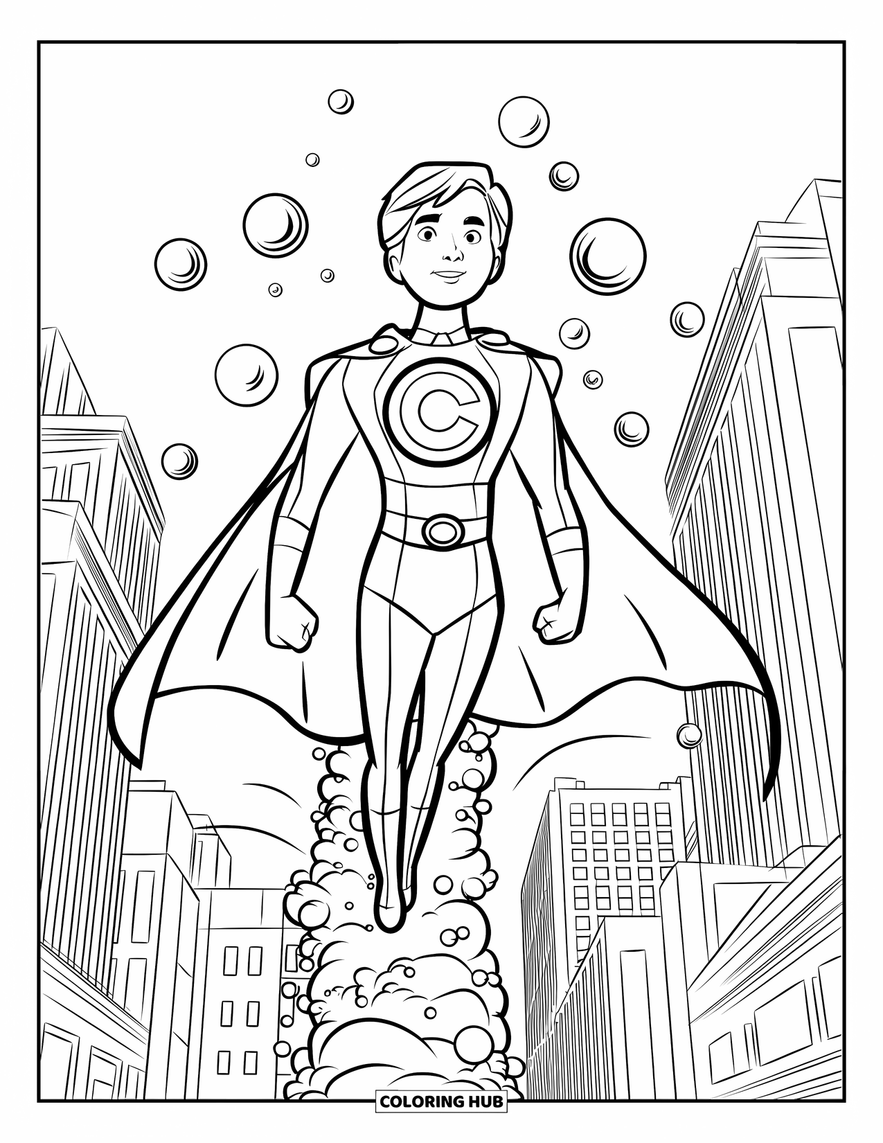 Bubble Coloring Page for Kids: Superhero in tie and cape soars above a bubble trail and city skyline