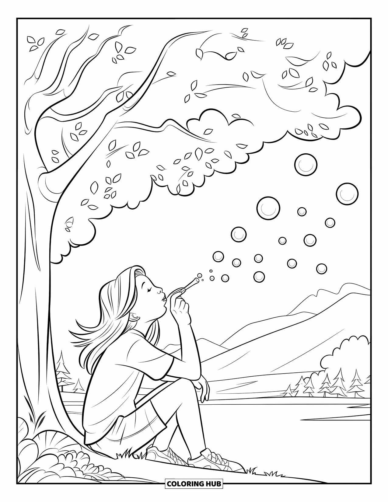Bubble Coloring Page for Kids: Teen blows bubbles under a tree with mountains and trees in the peaceful background