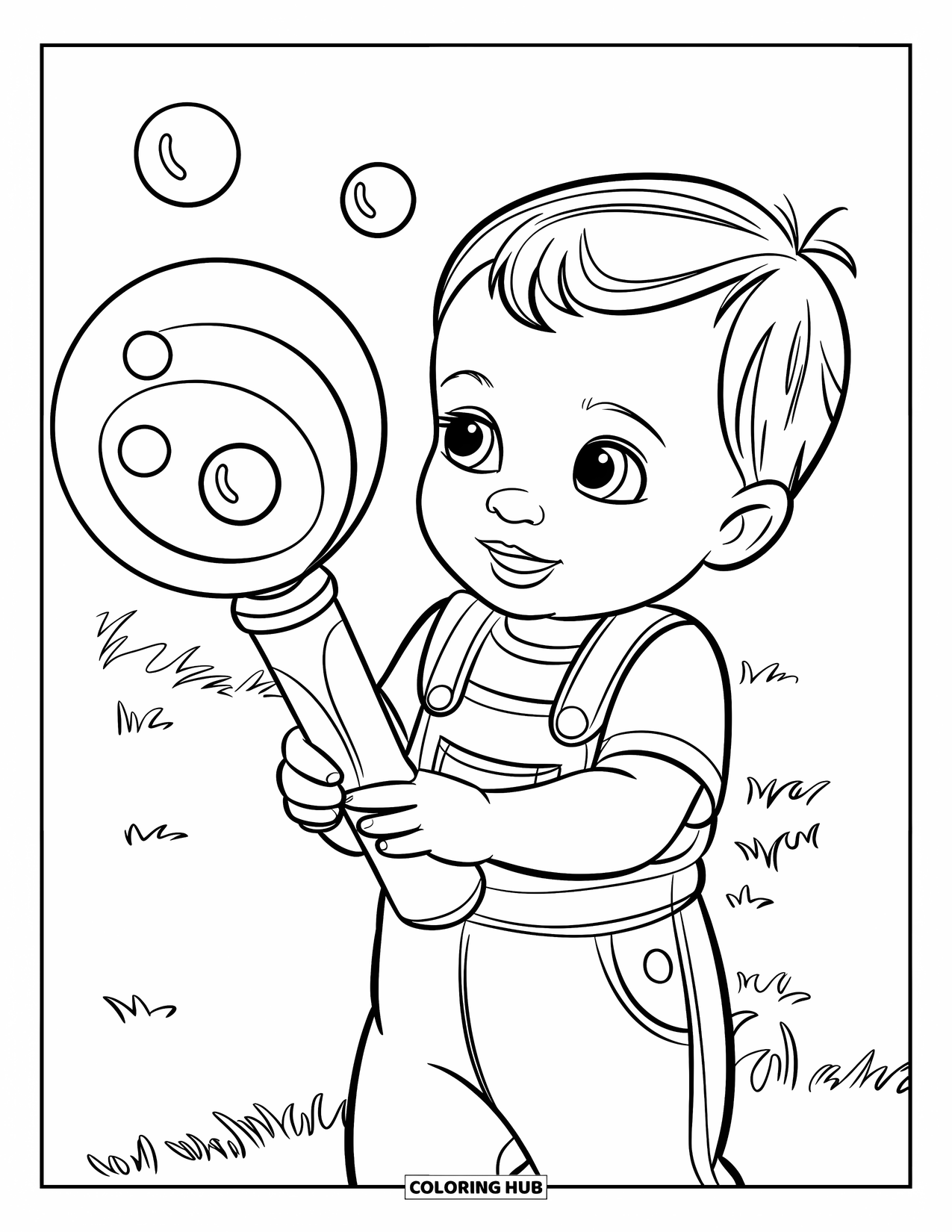 Bubble Coloring Page for Kids: Toddler holds a bubble wand while bubbles float in a grassy area