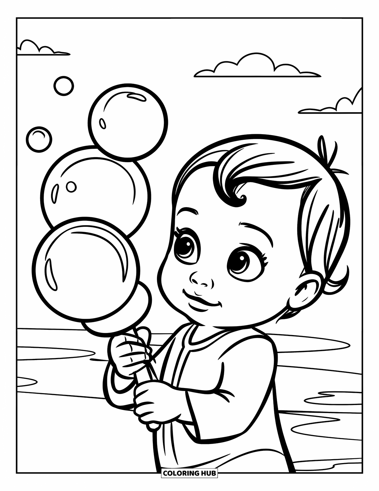 Bubble Coloring Page for Kids: Toddler with a bubble wand watches bubbles float under a quiet sky
