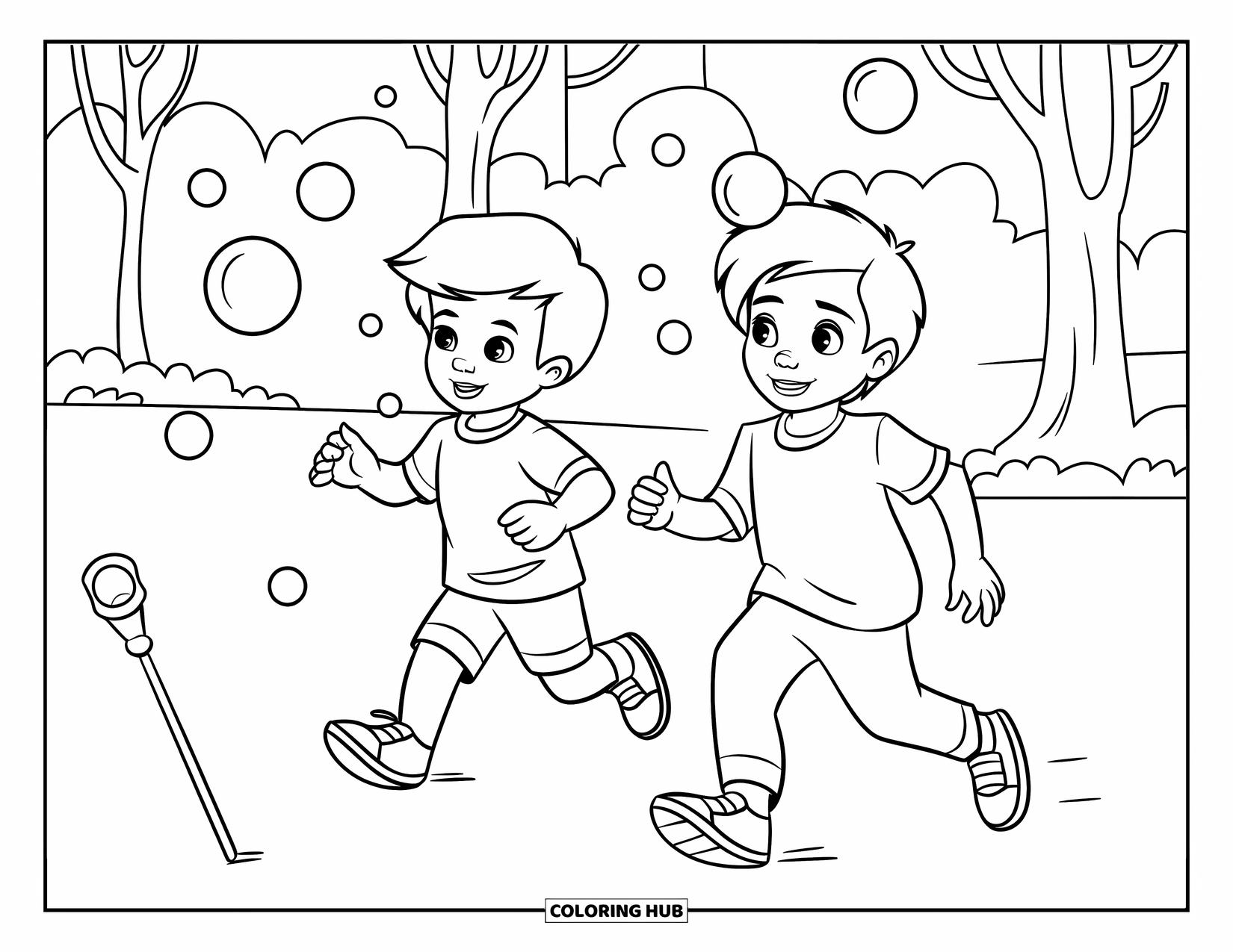 Bubble Coloring Page for Kids: Two kids chase floating bubbles through a park with trees and a building