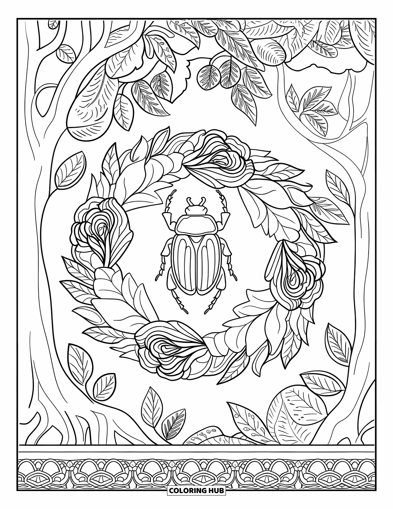 Bug Coloring Page for Adults: A beetle rests within a mandala of roses set against a forest scene