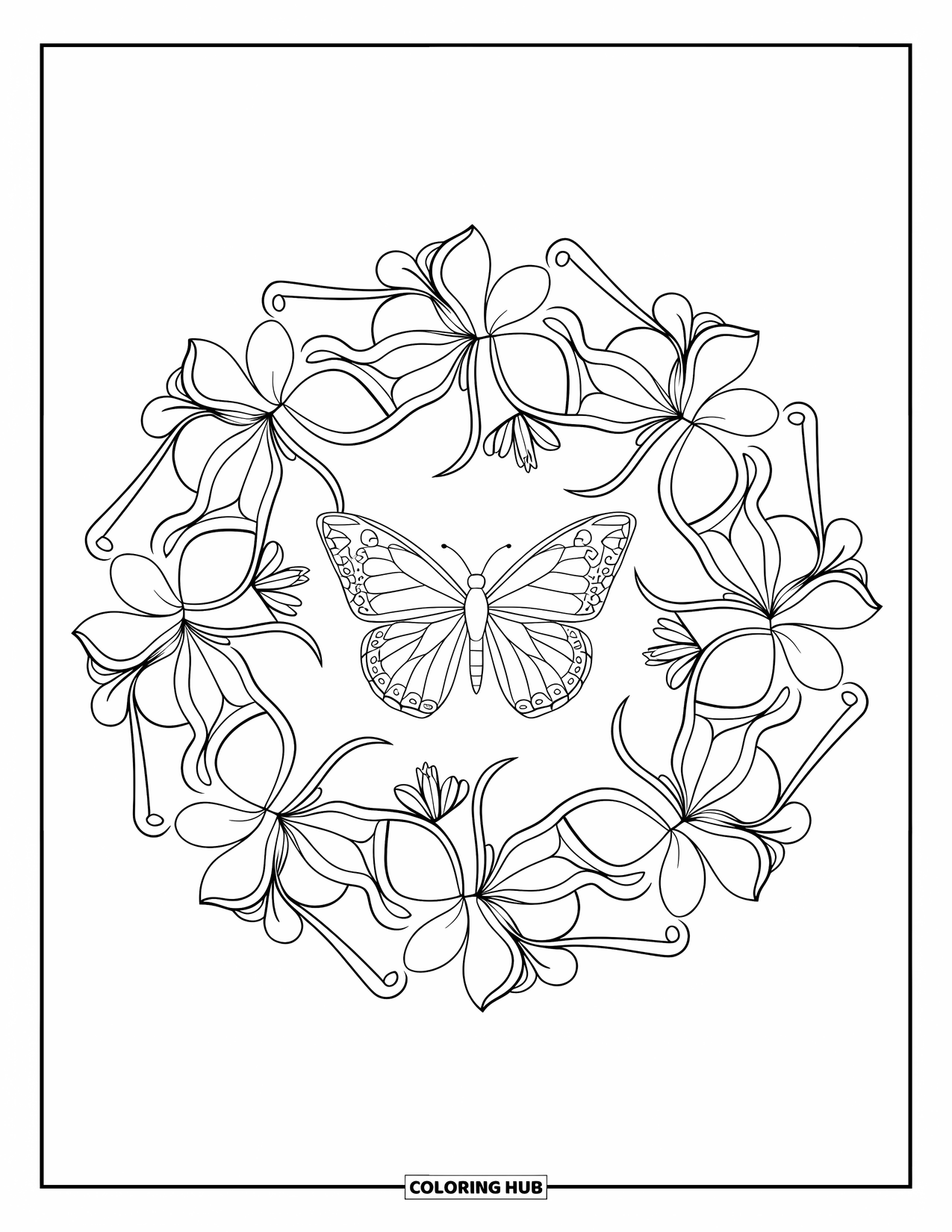 Bug Coloring Page for Adults: A butterfly is framed by blooming lilies in a decorative botanical mandala
