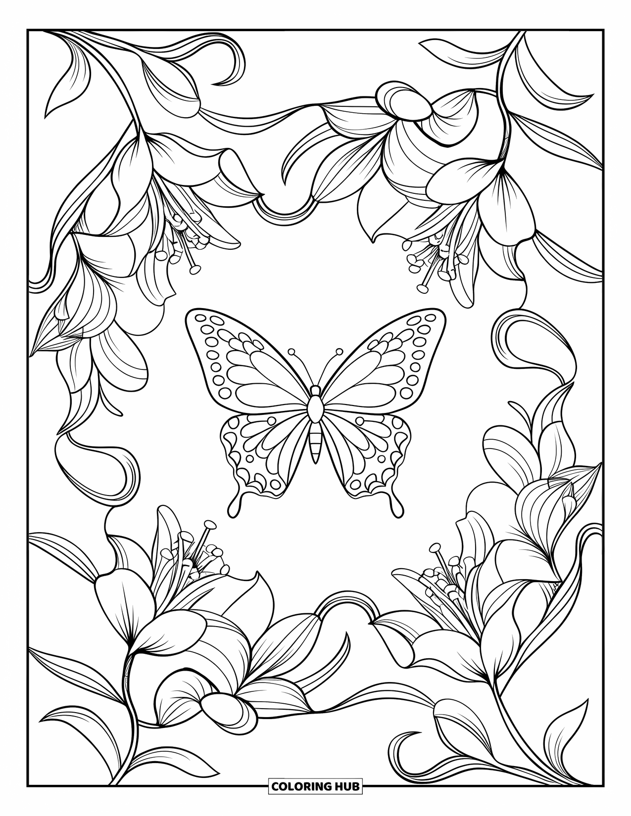 Bug Coloring Page for Adults: A butterfly with detailed wings rests inside a mandala of lilies and vines