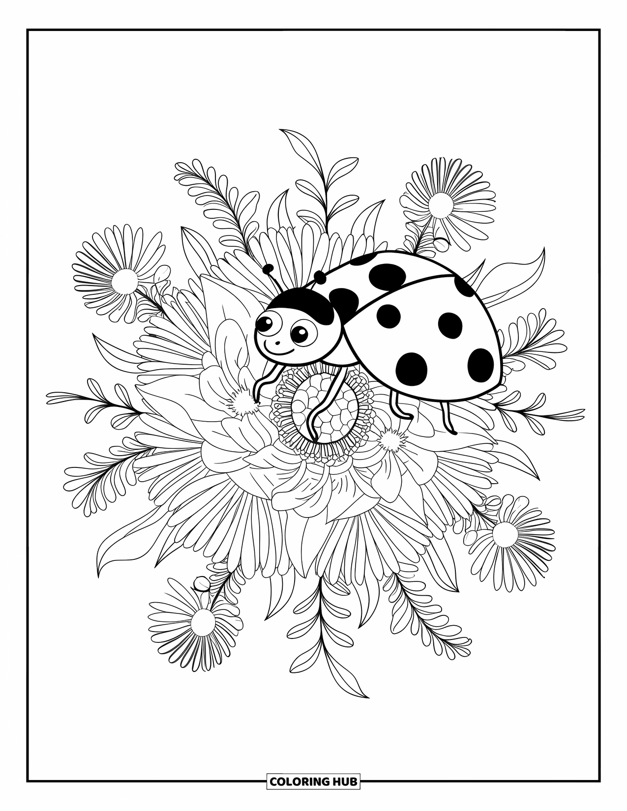 Bug Coloring Page for Adults: A calm ladybug sits at the center of a floral mandala with crisp outlines
