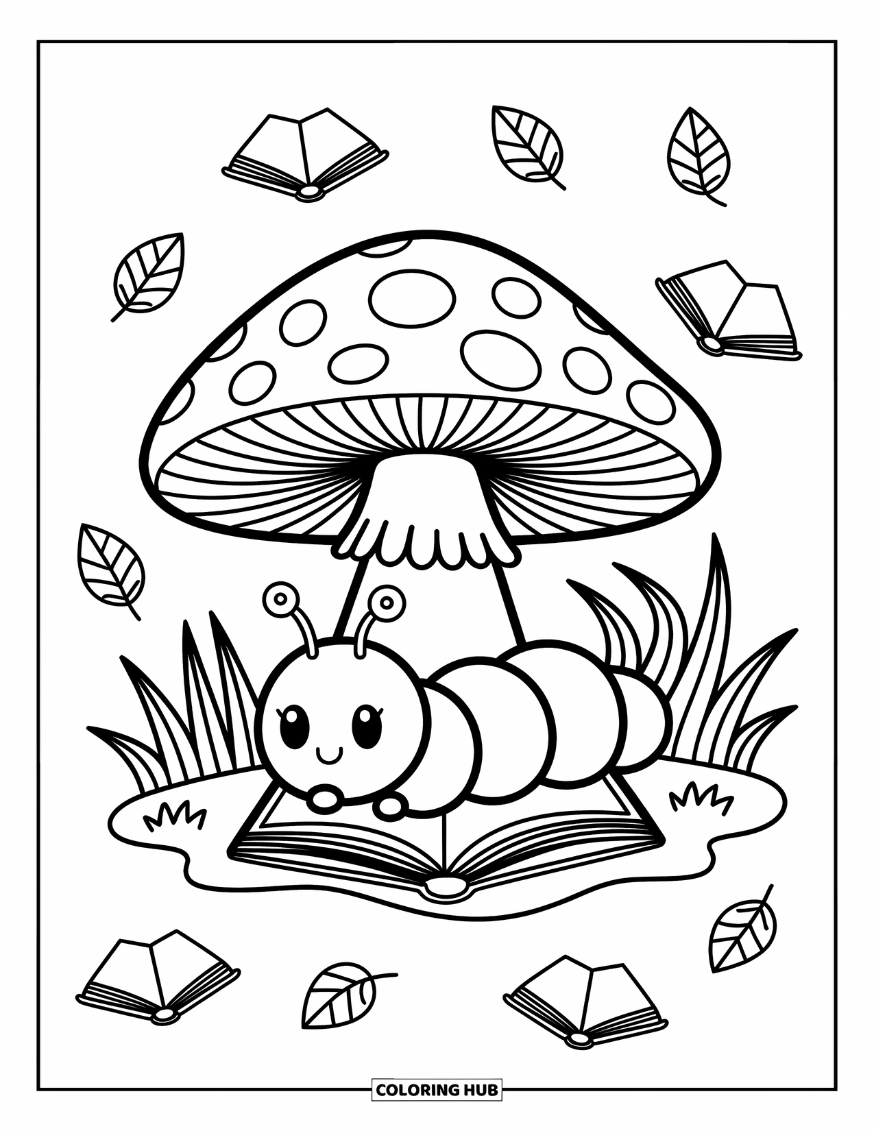 Bug Coloring Page for Adults: A caterpillar enjoys a quiet read beneath a cozy mushroom surrounded by tiny books