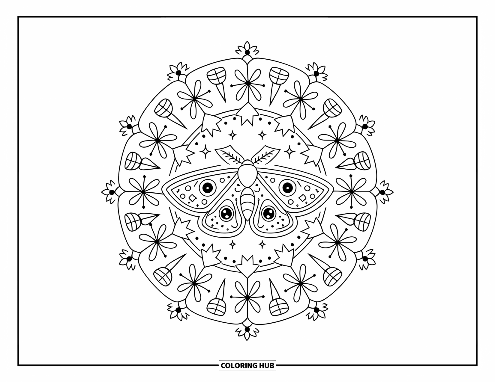 Bug Coloring Page for Adults: A celestial mandala of stars and leaves surrounds a gentle moth