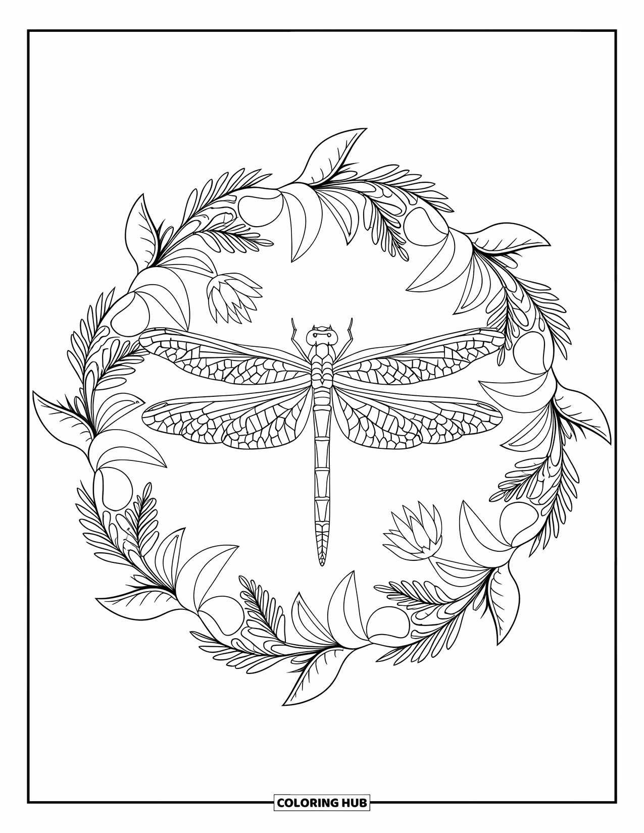 Bug Coloring Page for Adults: A dragonfly sits in a floral mandala of ferns, lotuses, and soft leaf veins
