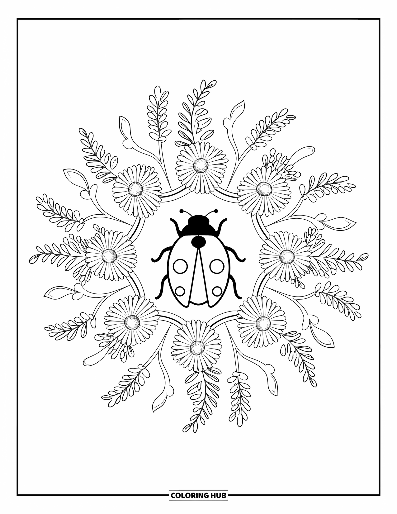Bug Coloring Page for Adults: A ladybug sits in the center of a floral mandala with daisies and sprigs