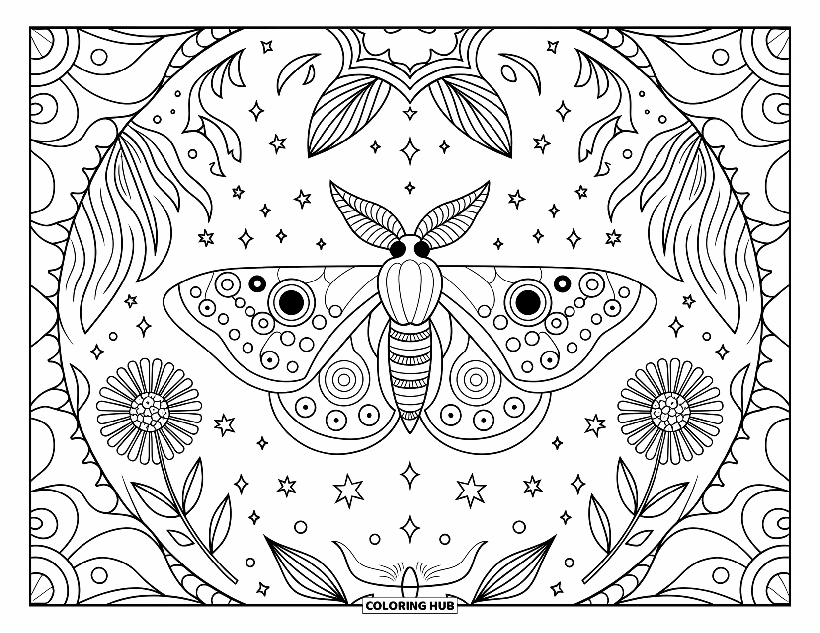 Bug Coloring Page for Adults: A moth with detailed wings lies in the heart of a starry floral mandala