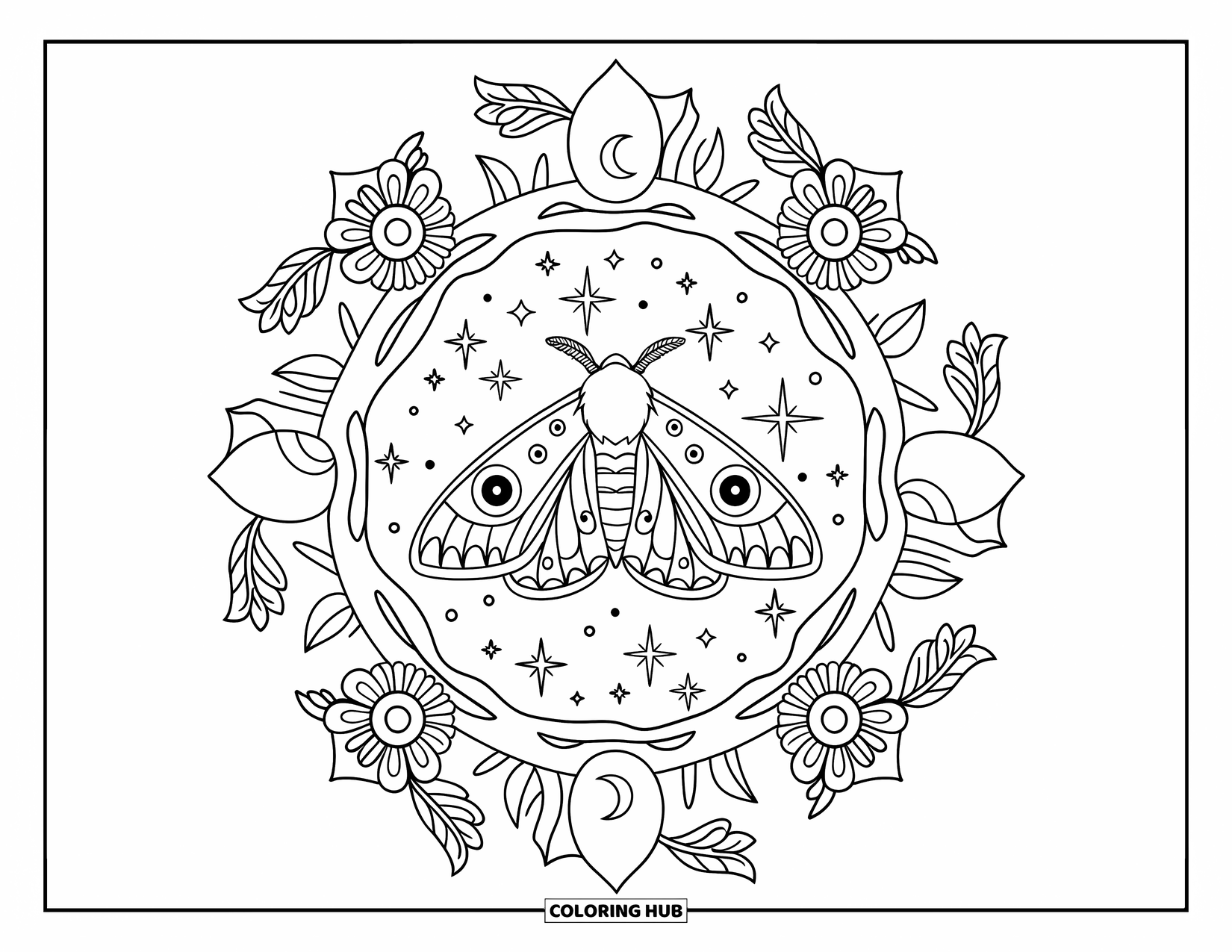 Bug Coloring Page for Adults: A patterned moth rests in the center of a celestial mandala of stars and moonflowers