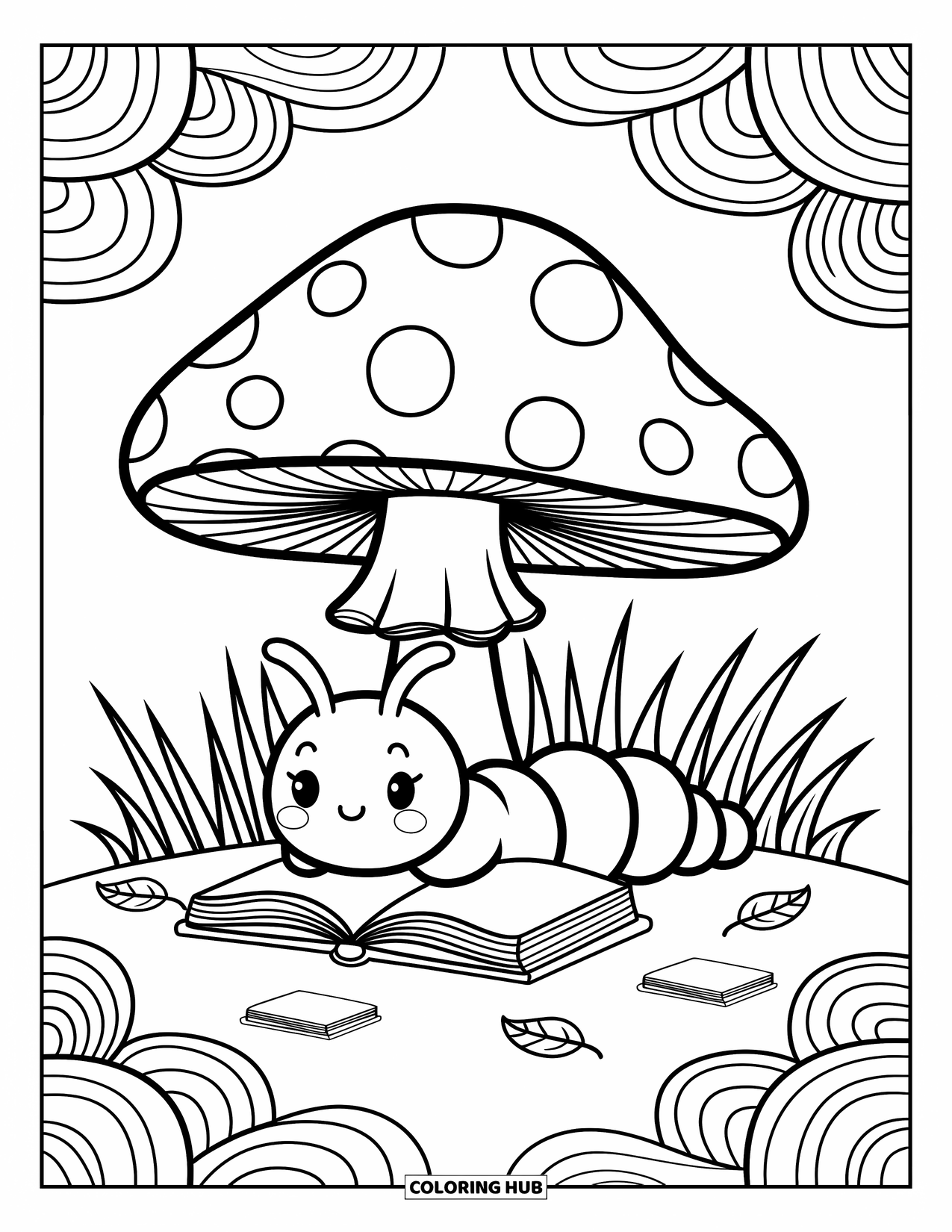 Bug Coloring Page for Adults: A relaxed caterpillar curls up with a book under a big mushroom