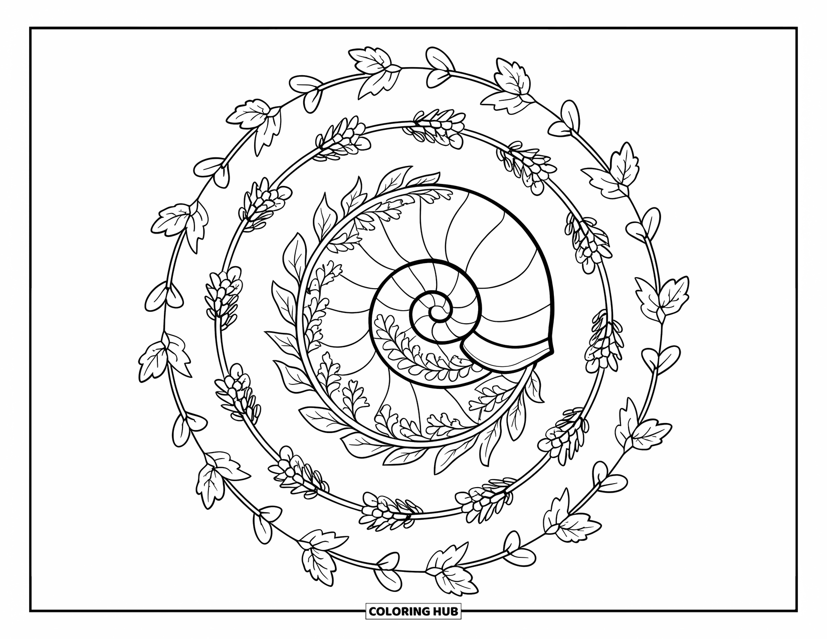 Bug Coloring Page for Adults: A snail shell sits at the center of a mandala made of ivy and wildflowers