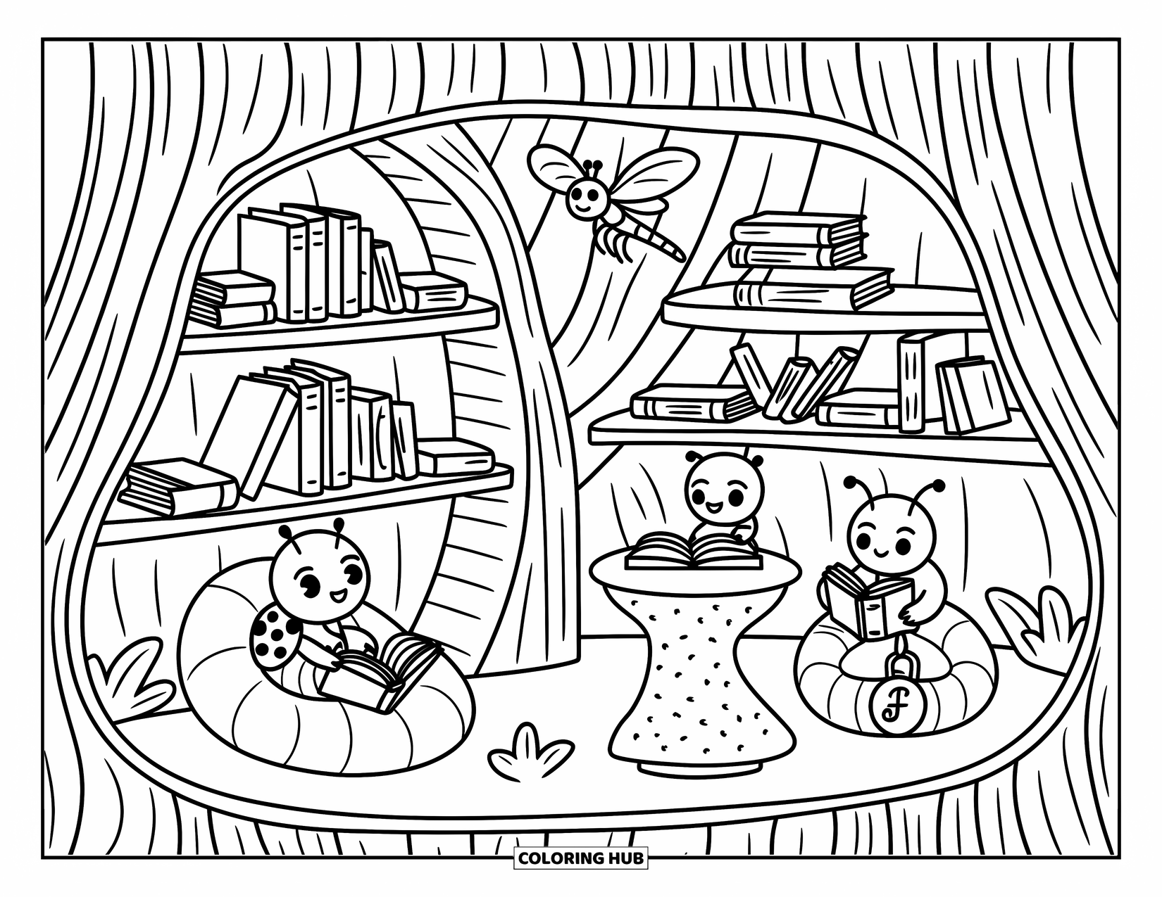 Bug Coloring Page for Adults: Bugs read and browse tiny books inside a warm, bark-shelved library tree stump