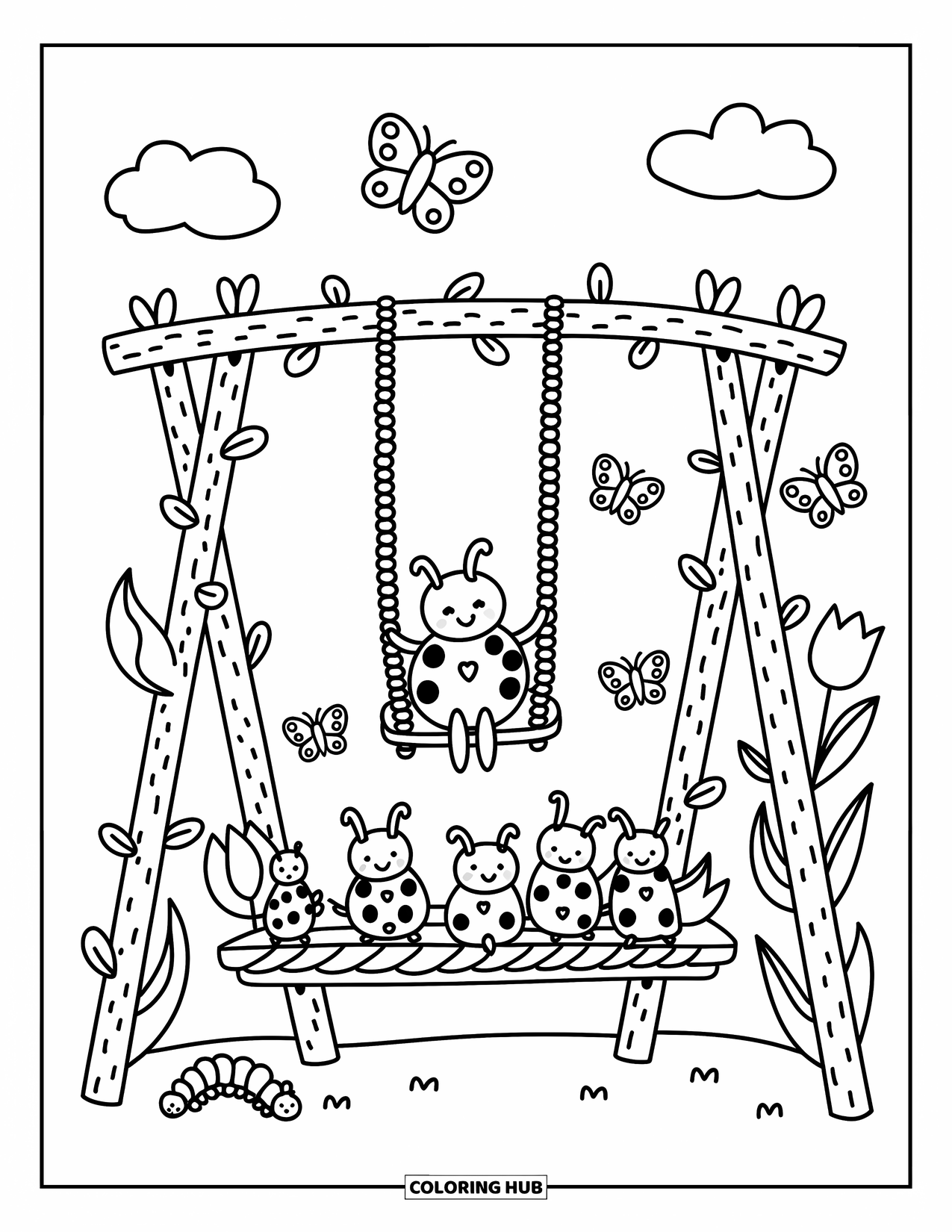 Bug Coloring Page for Adults: Butterflies flutter around a vine swing while a ladybug swings and bugs cheer below