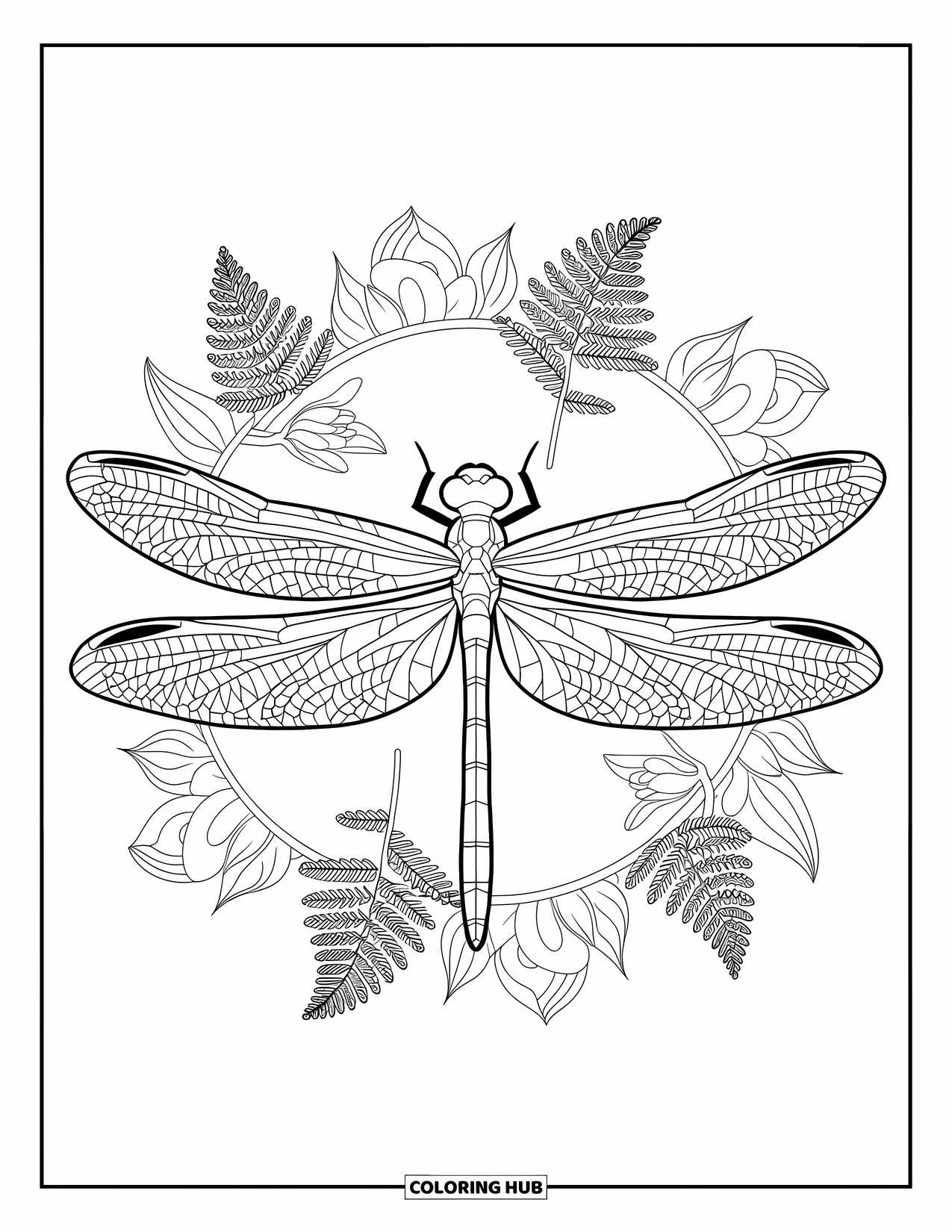 Bug Coloring Page for Adults: Ferns and lotuses form a circular mandala around a detailed dragonfly