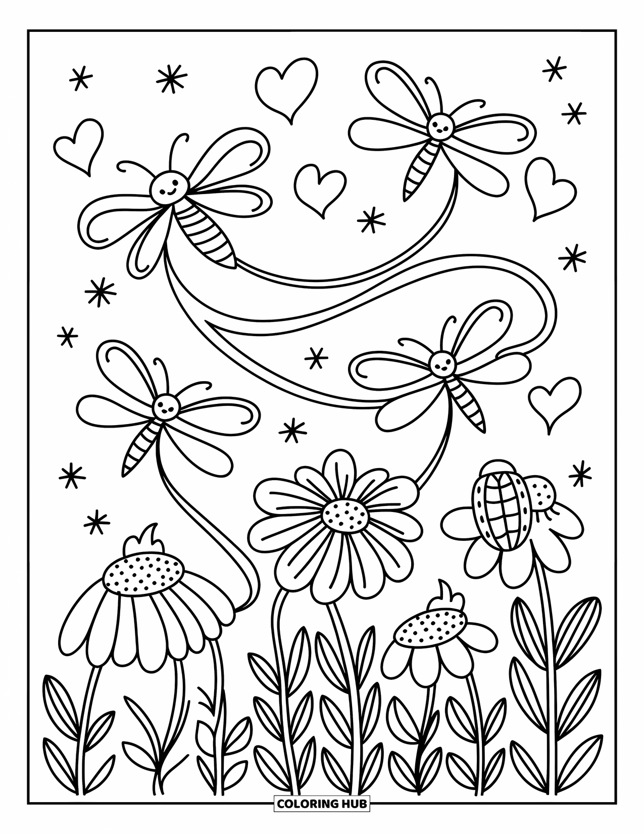 Bug Coloring Page for Adults: Fireflies dance above flowers, leaving glowing heart trails in the twinkling night sky