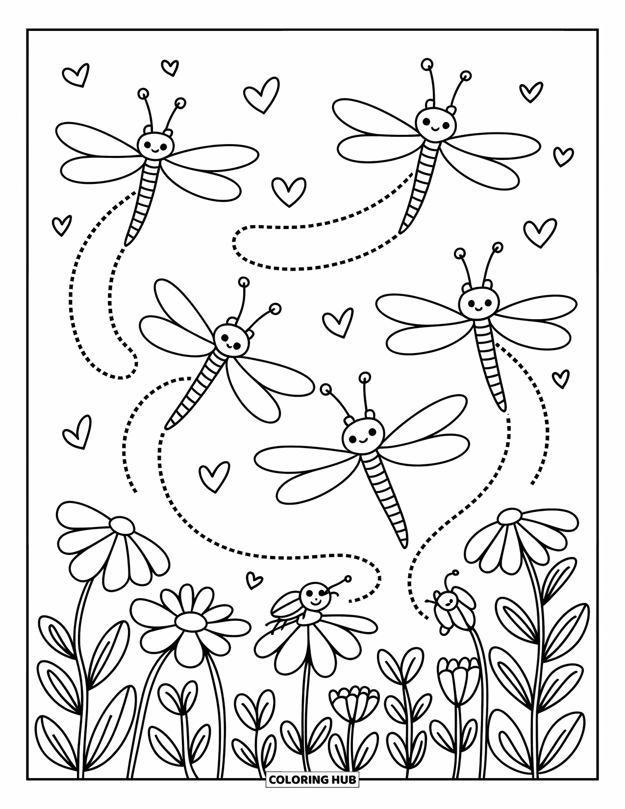 Bug Coloring Page for Adults: Glowing fireflies loop through the sky as a beetle peeks behind a daisy
