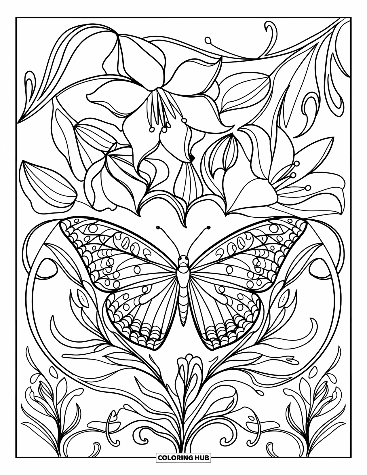 Bug Coloring Page for Adults: Lilies and curling vines surround a butterfly in this calming mandala design